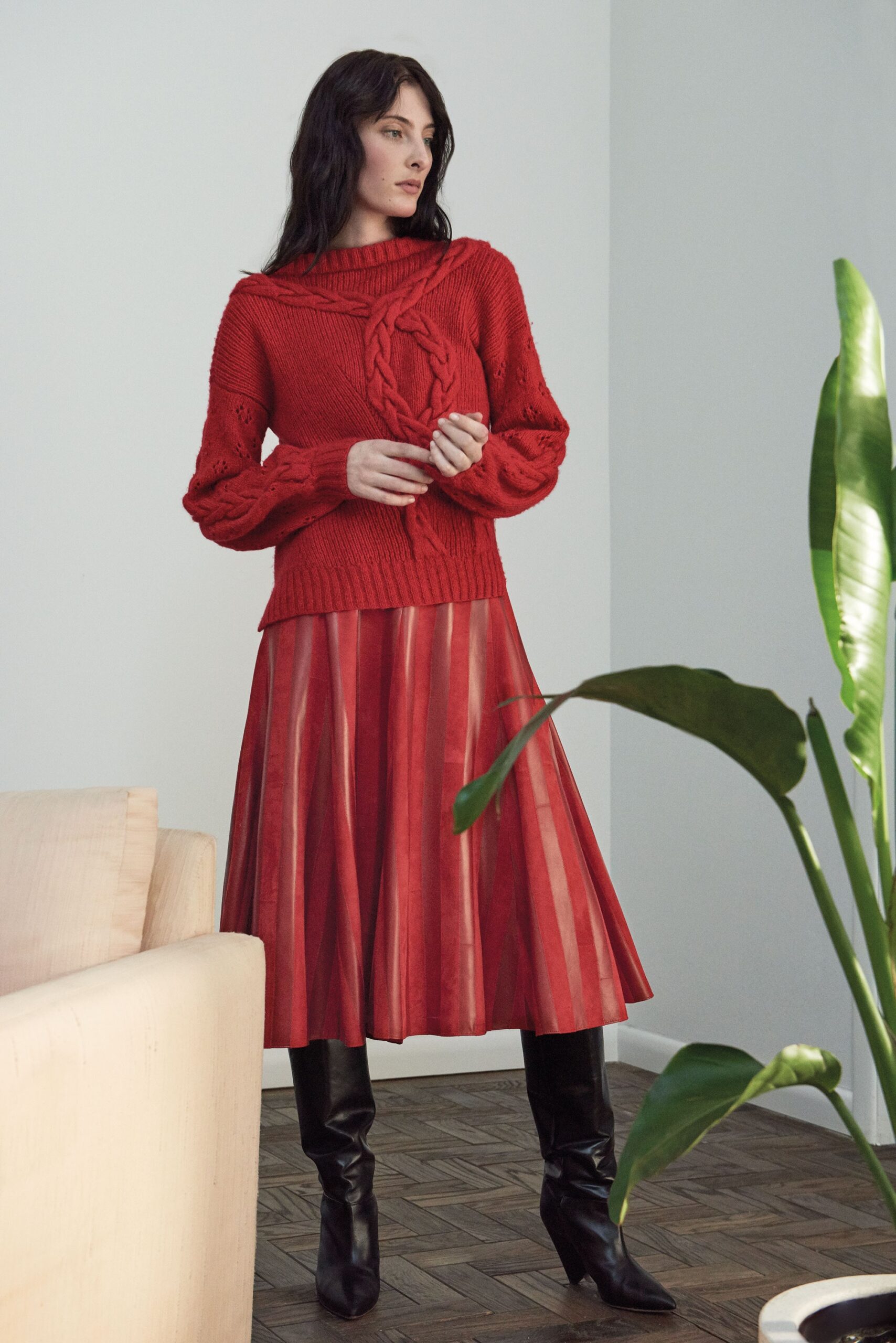 red wool long-sleeve high-neck fitted ribbed sweater
