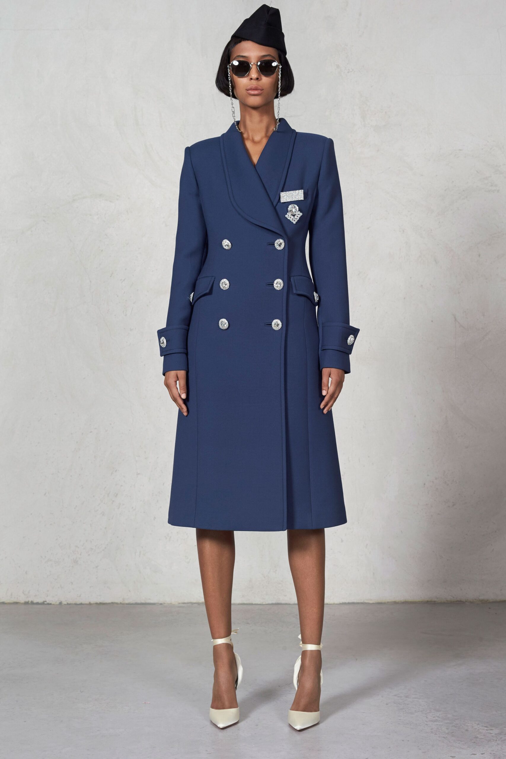 blue wool long-sleeve collared tailored buttoned midi coat