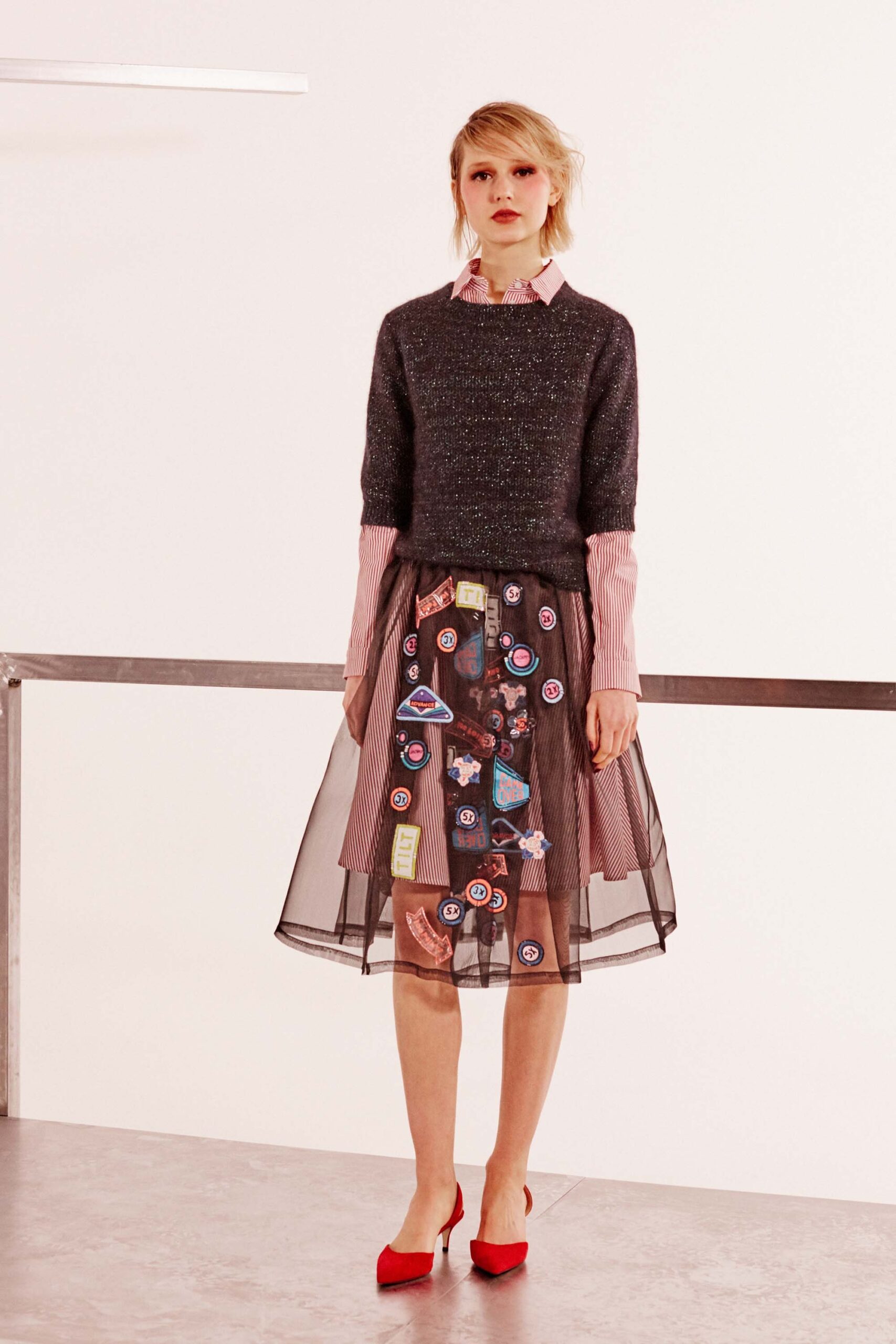 black wool long-sleeve collared fitted layered top