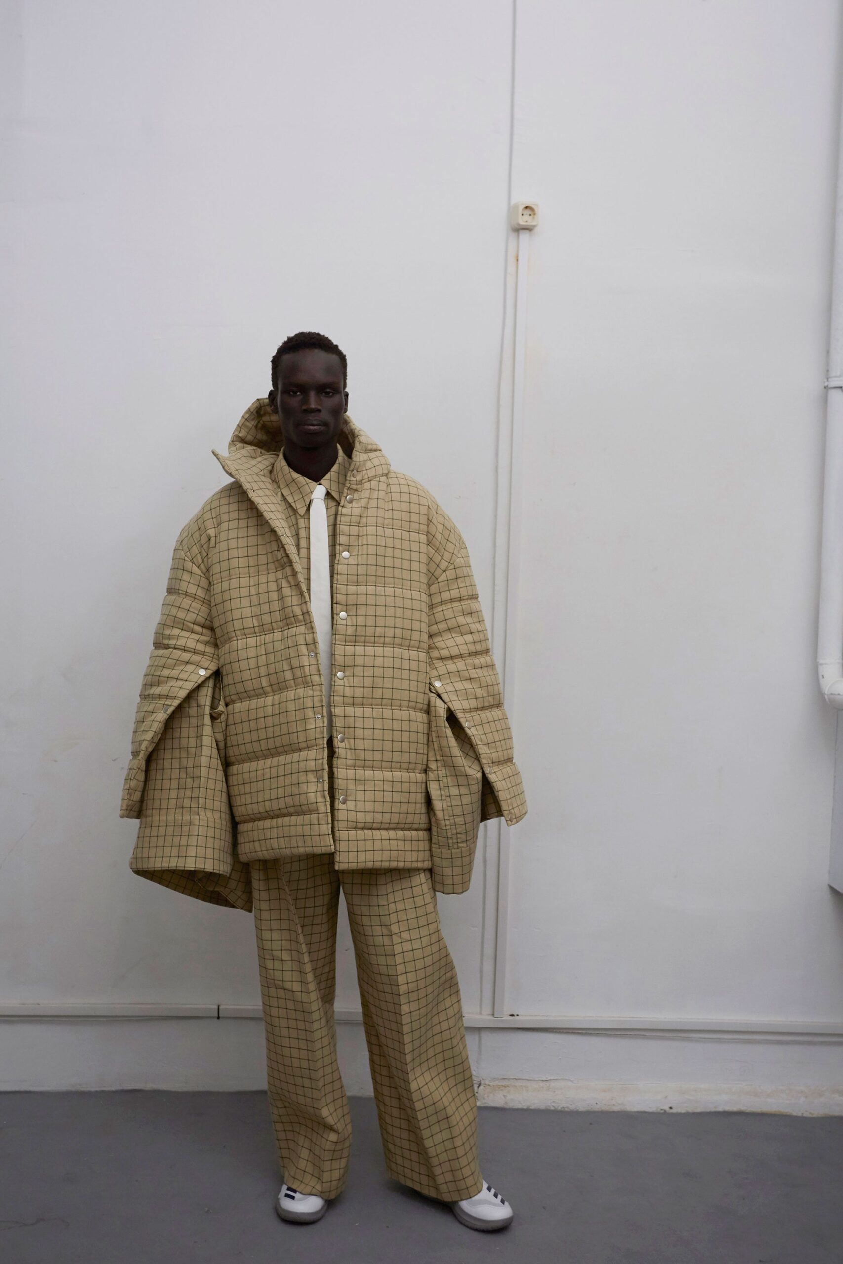 oversized checked beige jacket and relaxed pants