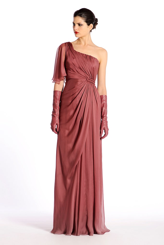 pink silk one-shoulder gown