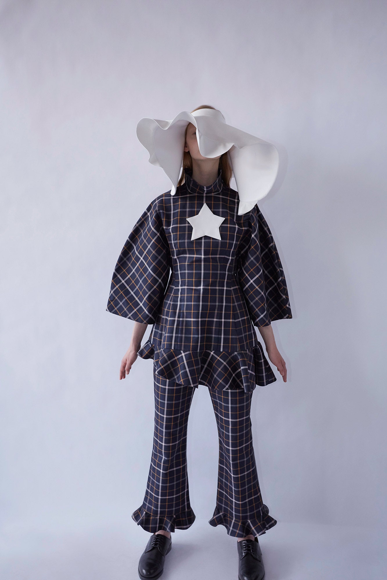 blue cotton fitted flared checked pants