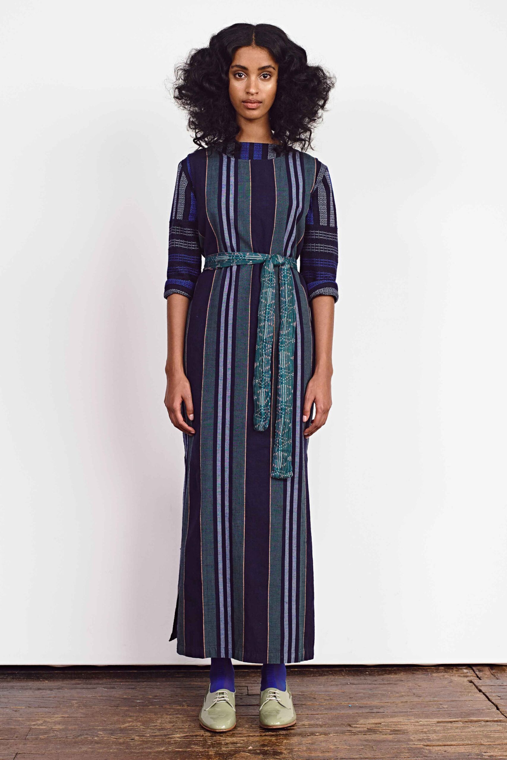 blue and green striped maxi dress