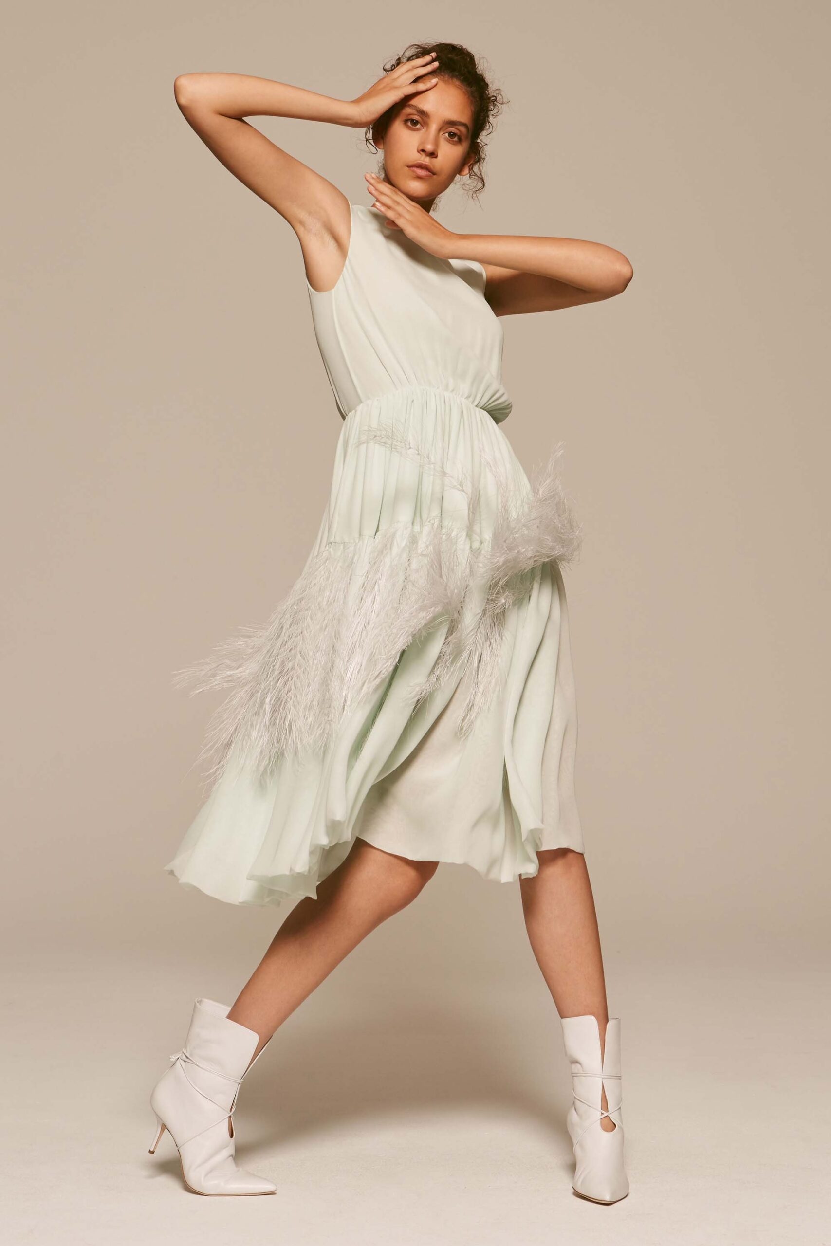 green silk sleeveless high-neck fitted draped tiered dress