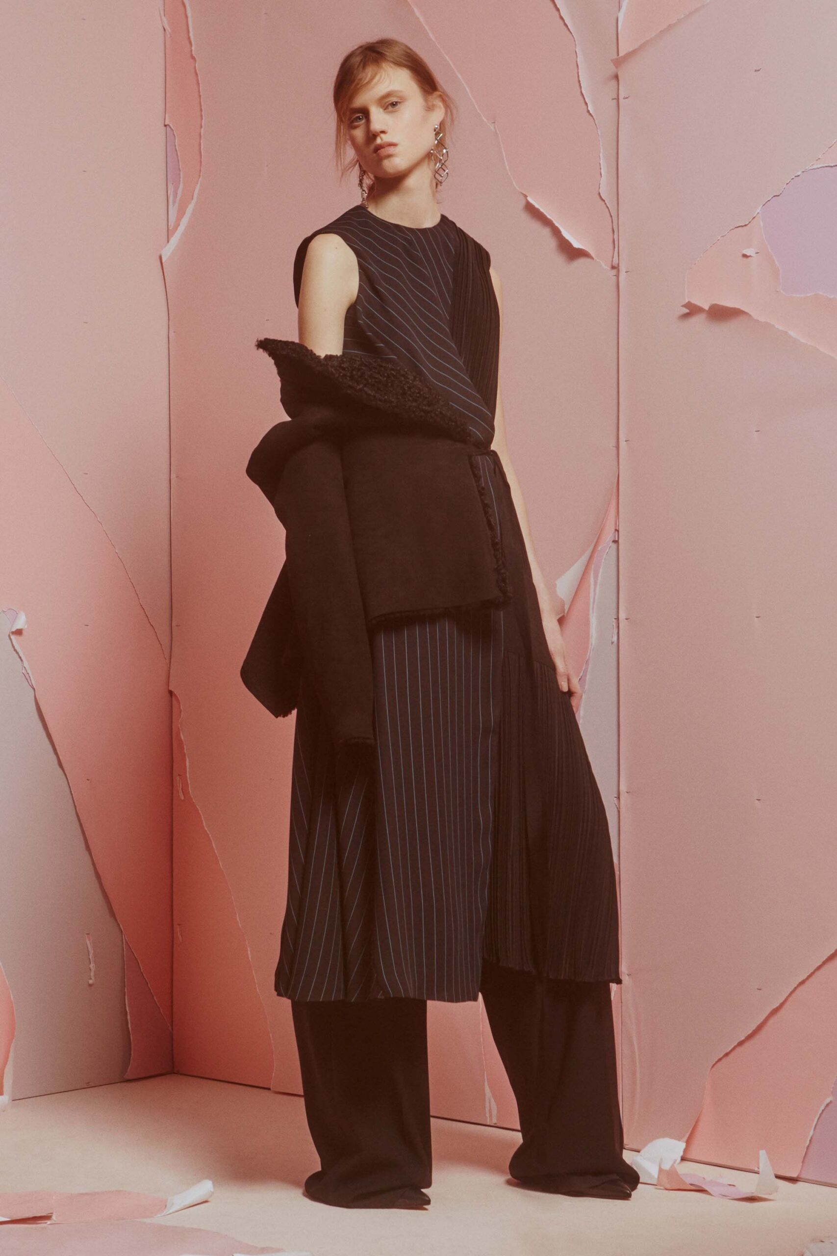 black cotton sleeveless high-neck fitted striped a-line dress