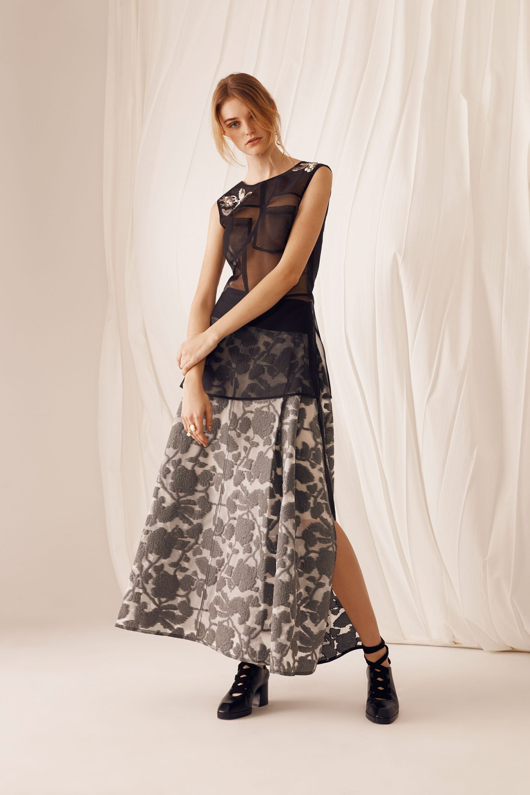 black and gray embroidered maxi dress