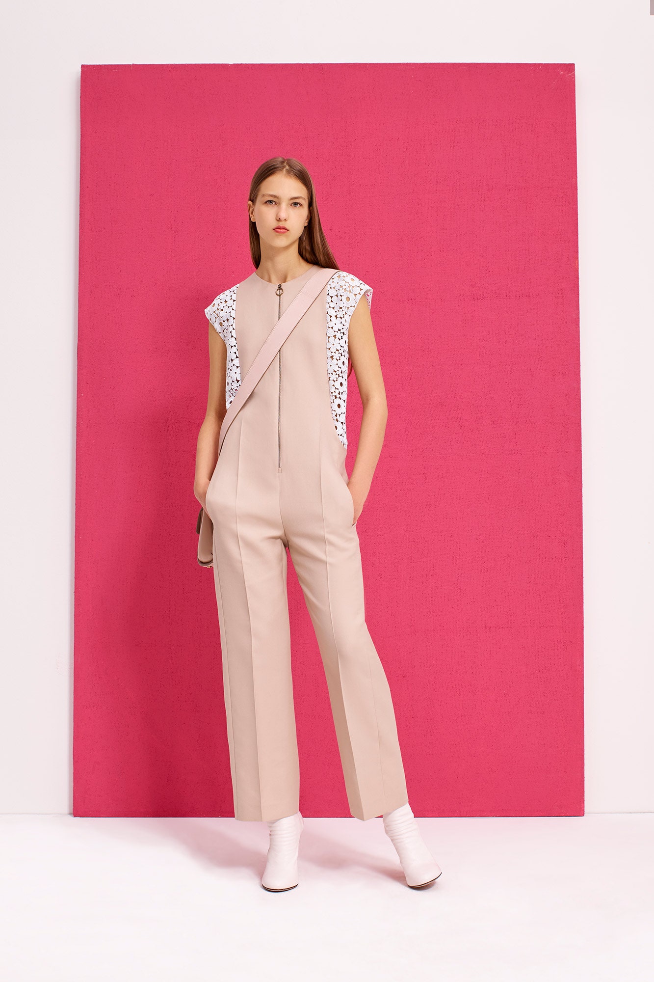 beige fitted sleeveless jumpsuit