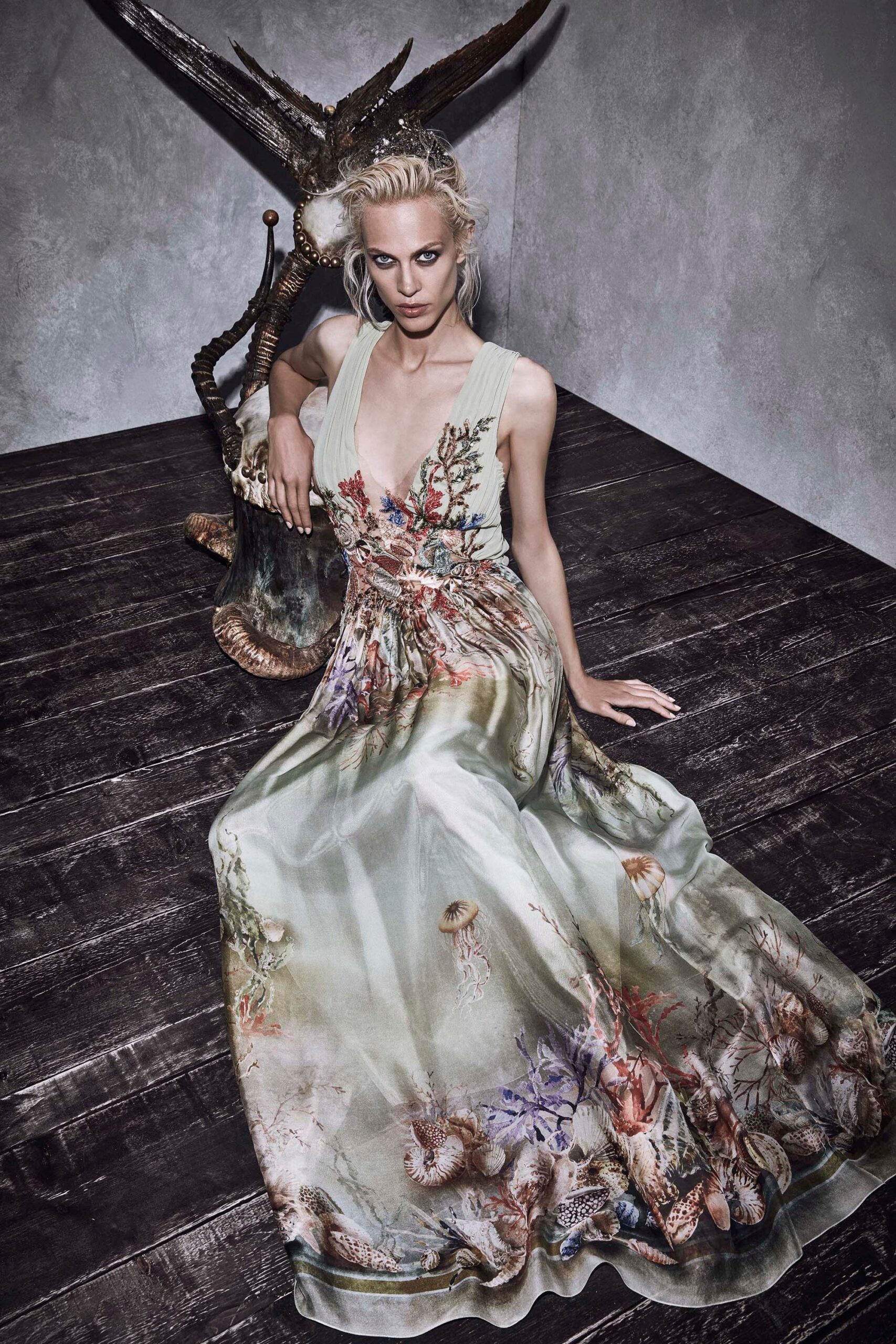 green multi embroidered gown