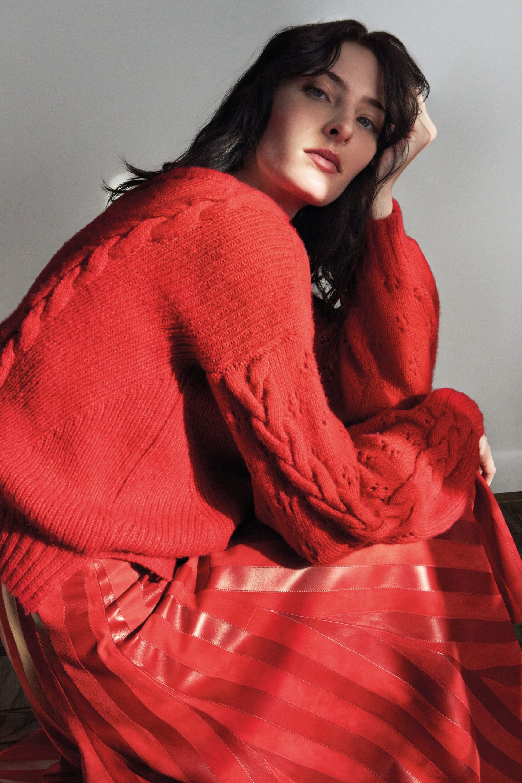 red wool long-sleeve collared relaxed textured sweater