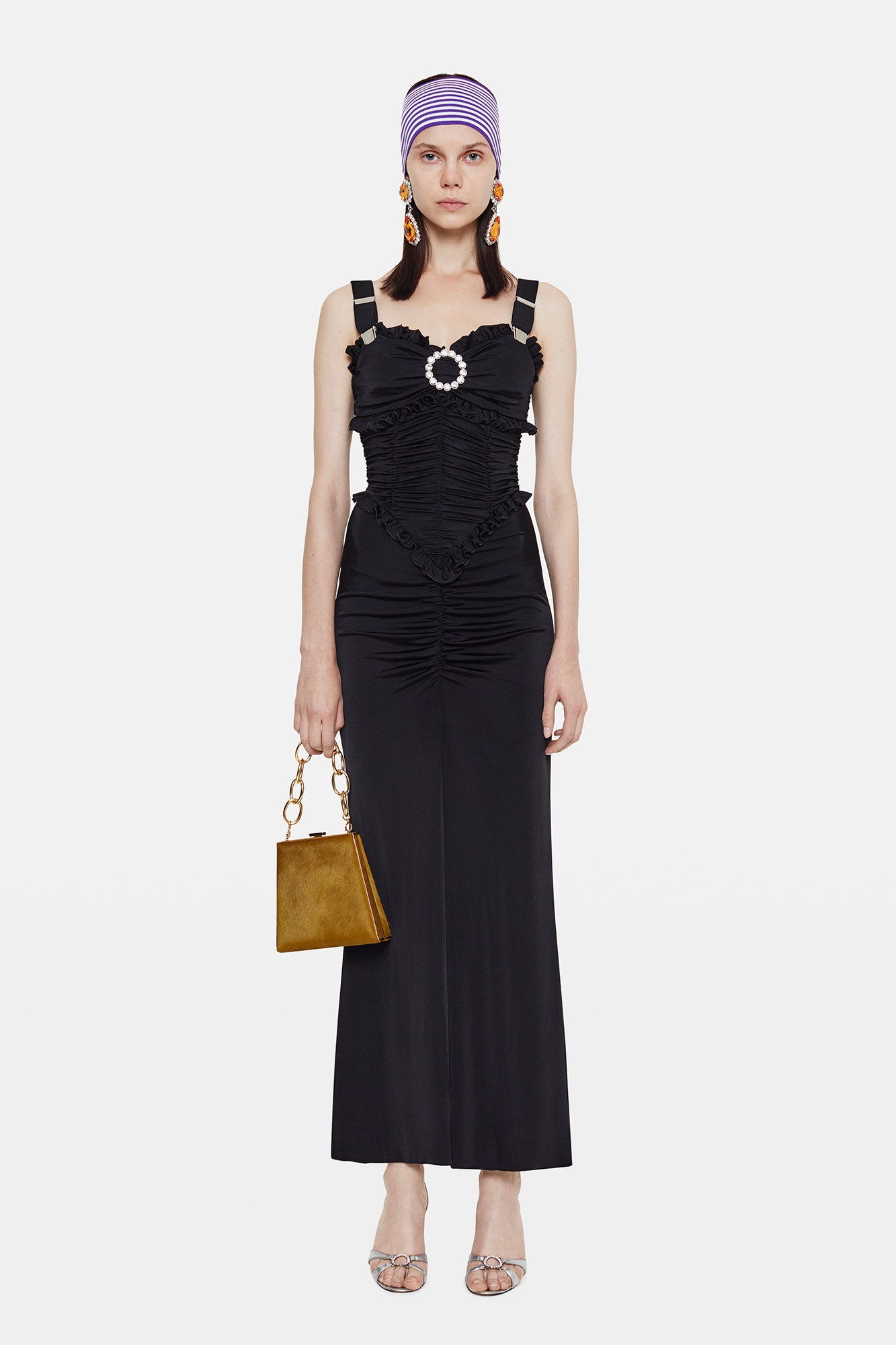 black silk sleeveless v-neck fitted ruched draped dress