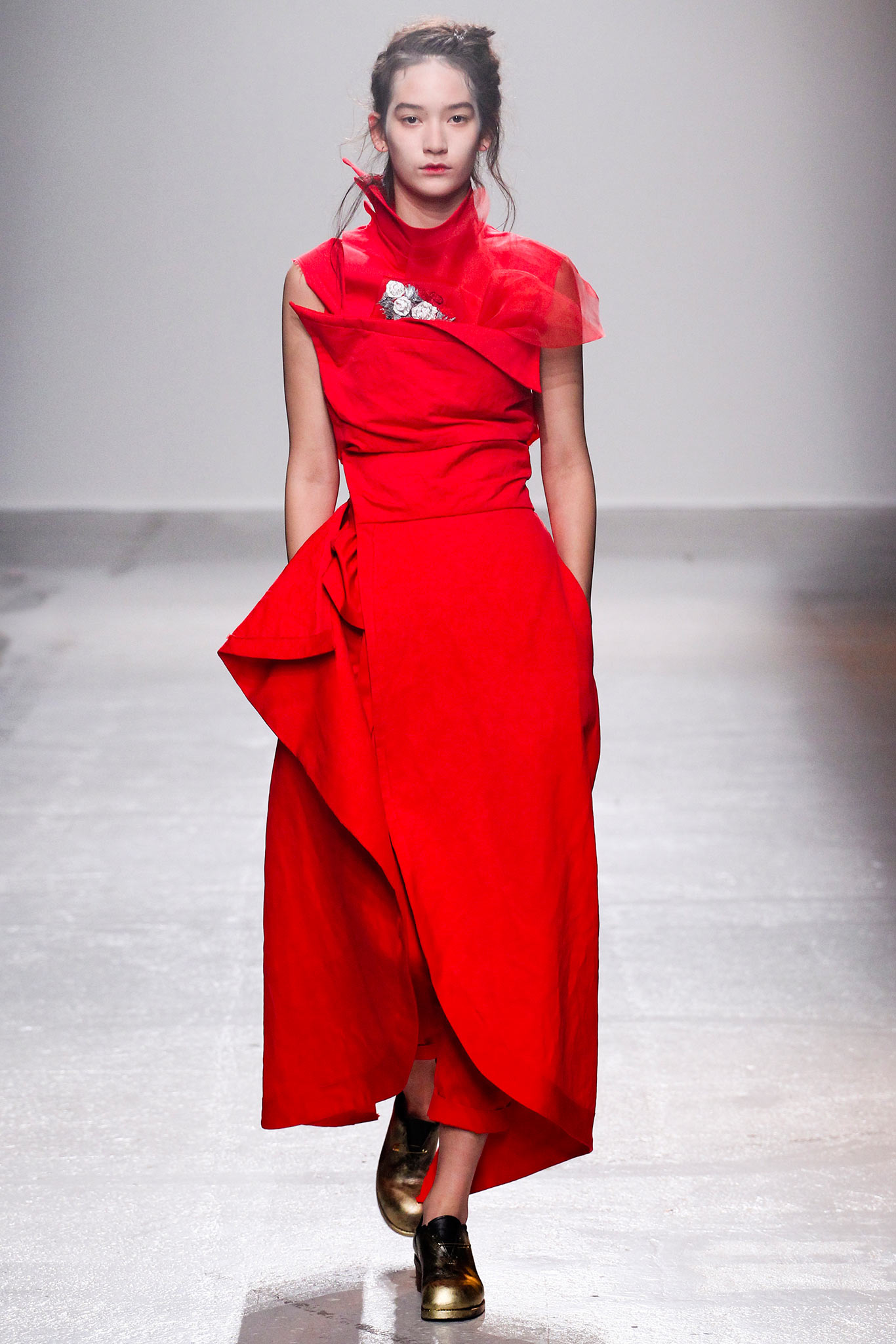fitted red draped midi dress