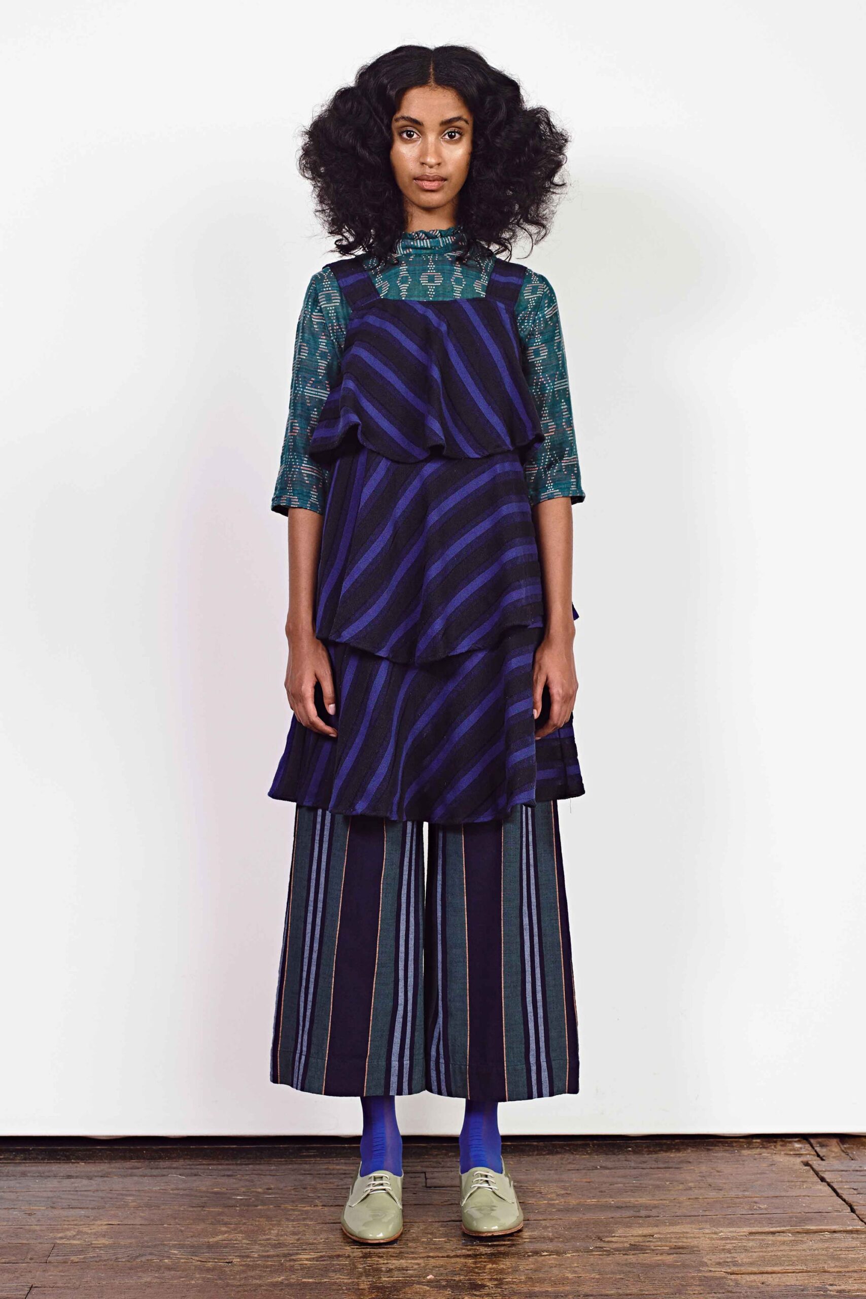 purple cotton sleeveless high-neck relaxed striped layered dress