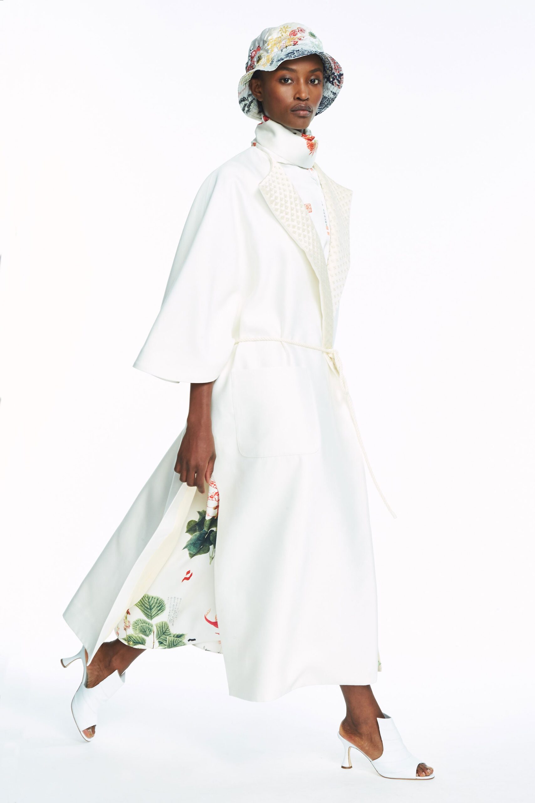 white cotton long-sleeve collared relaxed belted maxi coat