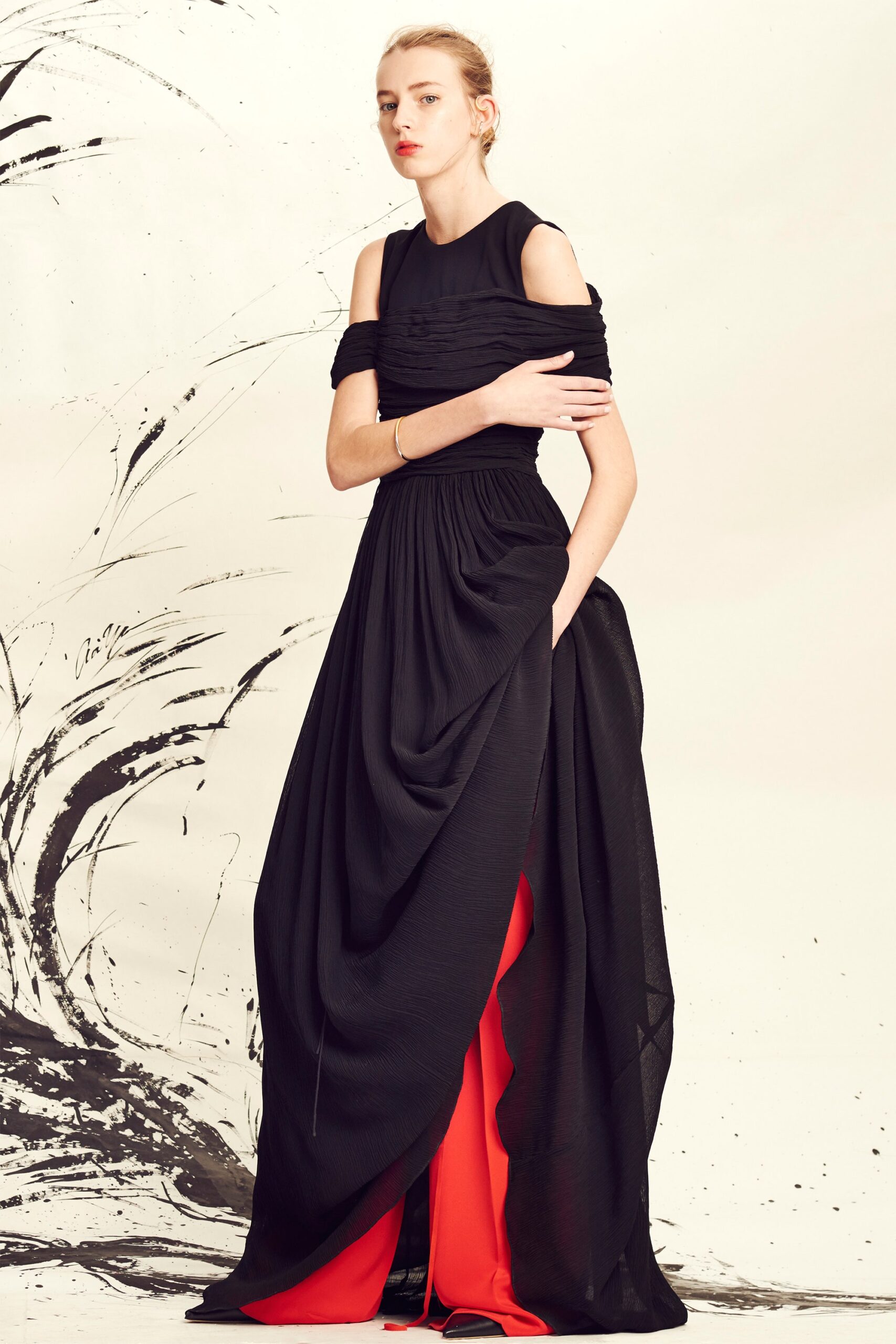 black and red draped maxi dress