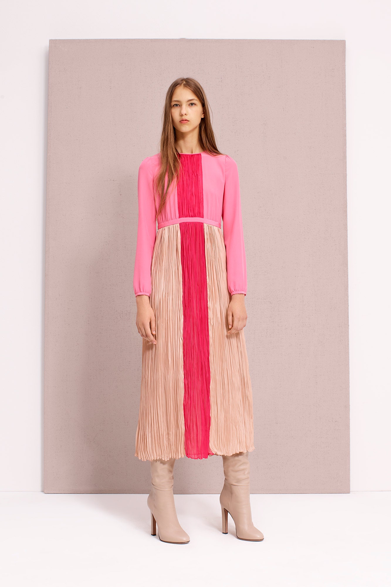pink and beige pleated midi dress