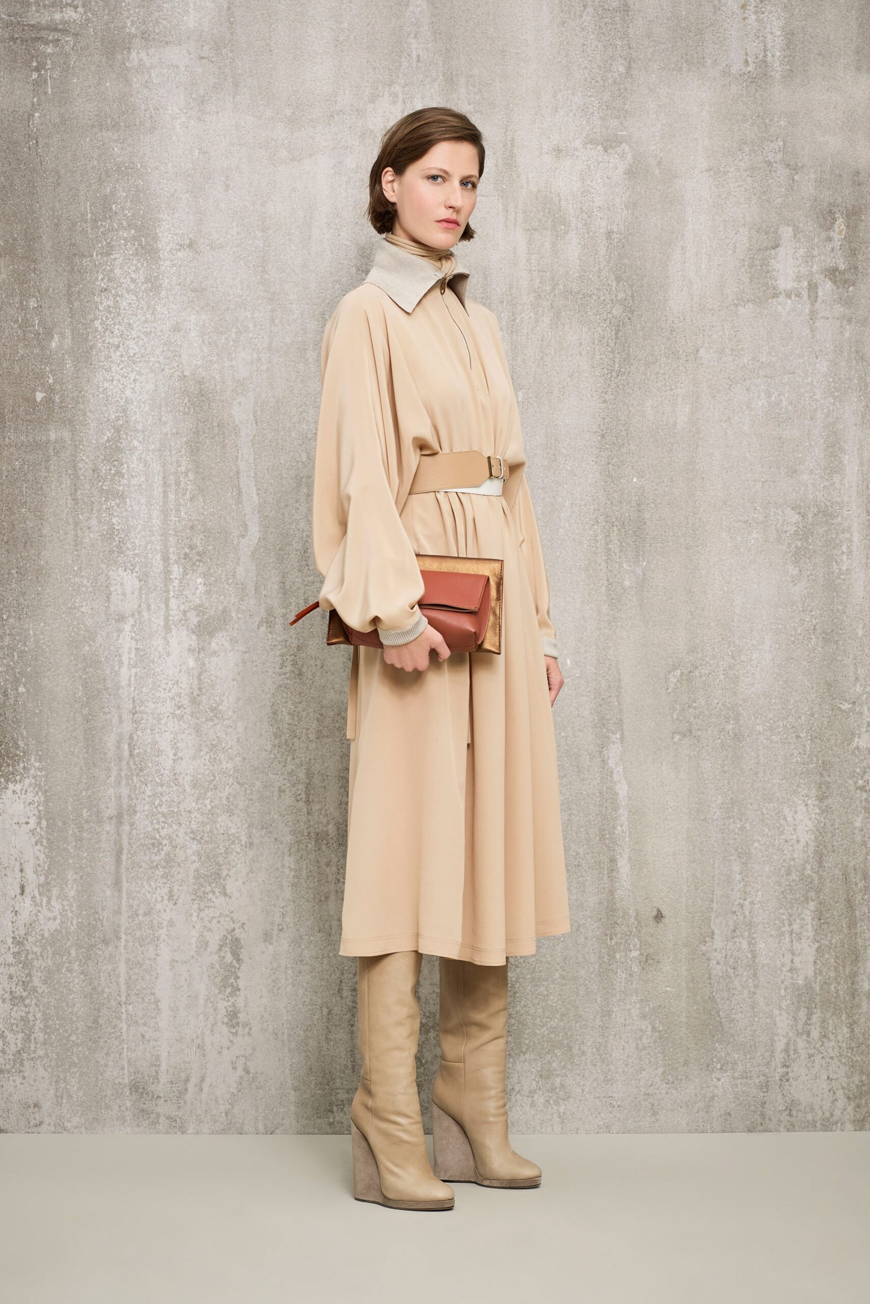 beige silk belted midi dress