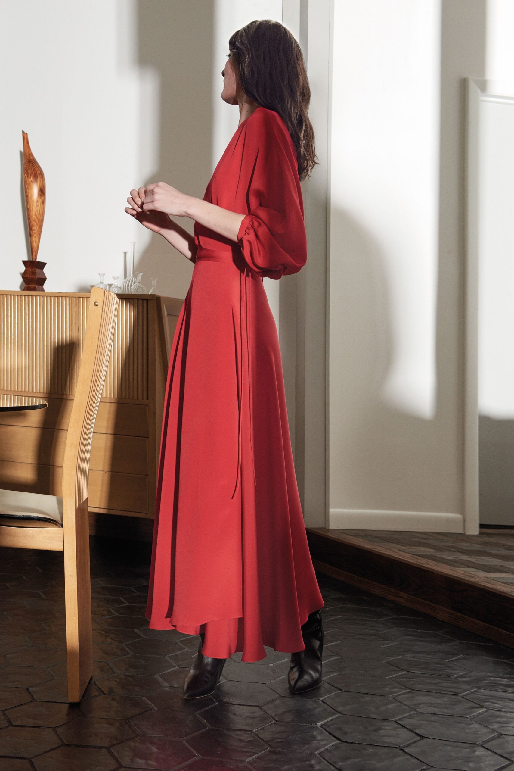 red silk long-sleeve dress