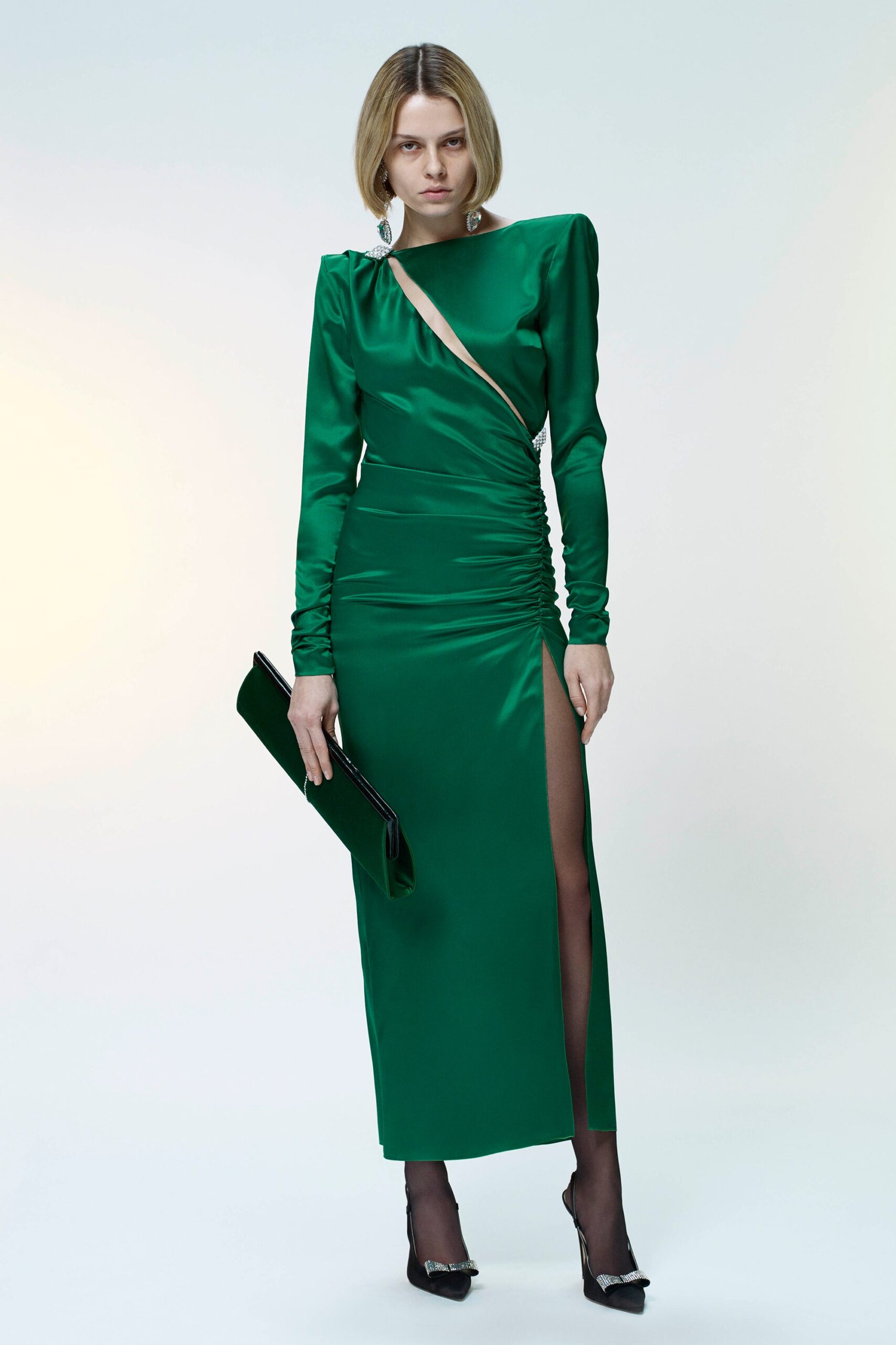 green silk fitted gown