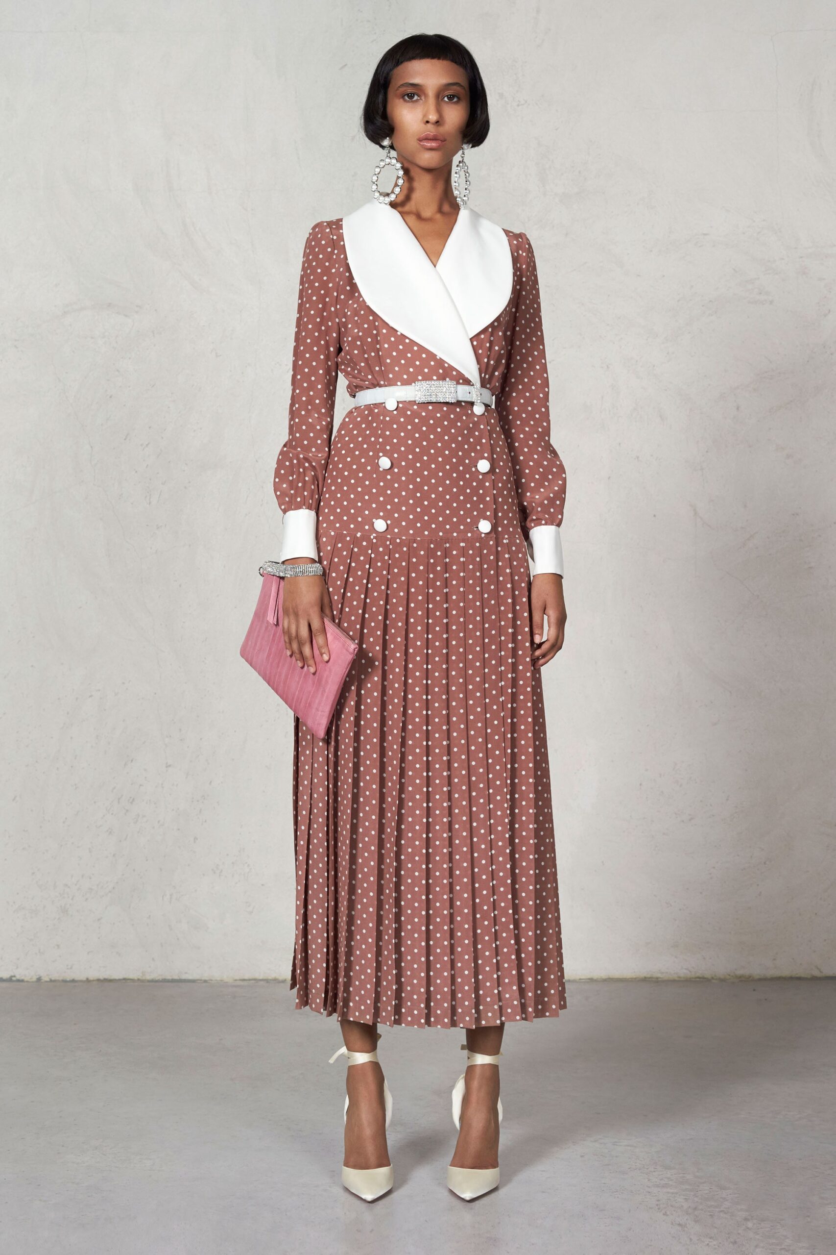 brown polka-dot midi dress