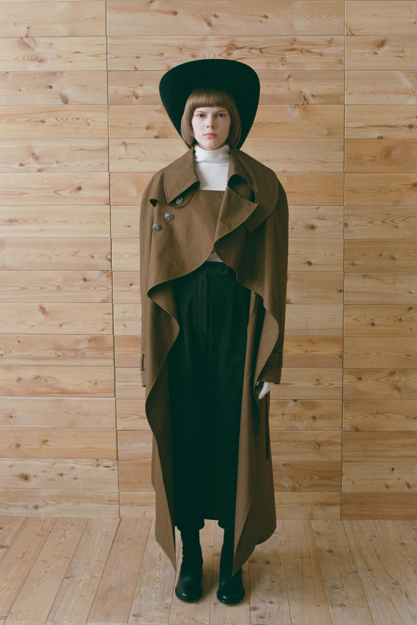 brown wool long-sleeve collared relaxed draped maxi coat