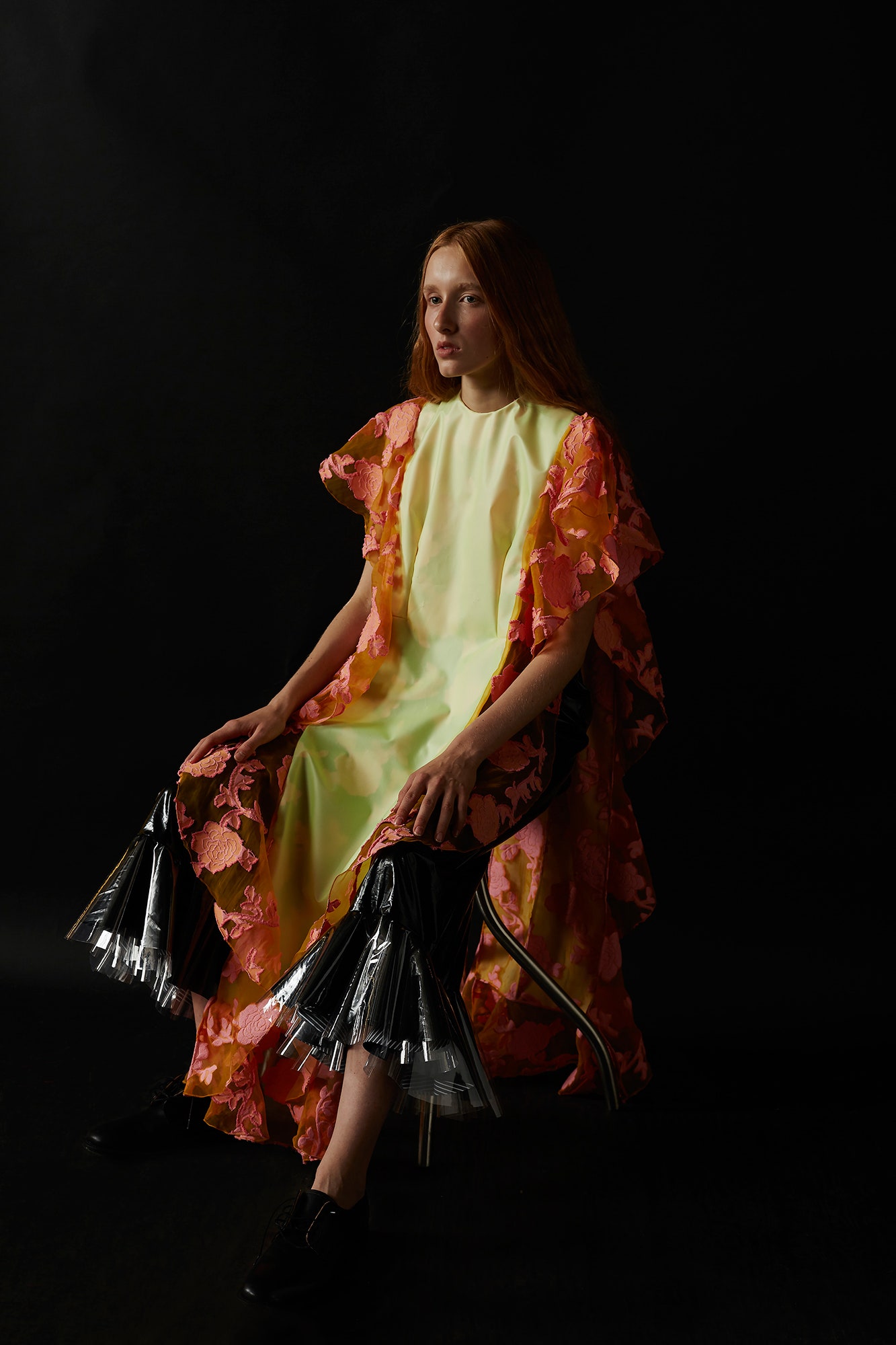 yellow pink layered midi dress with black pants