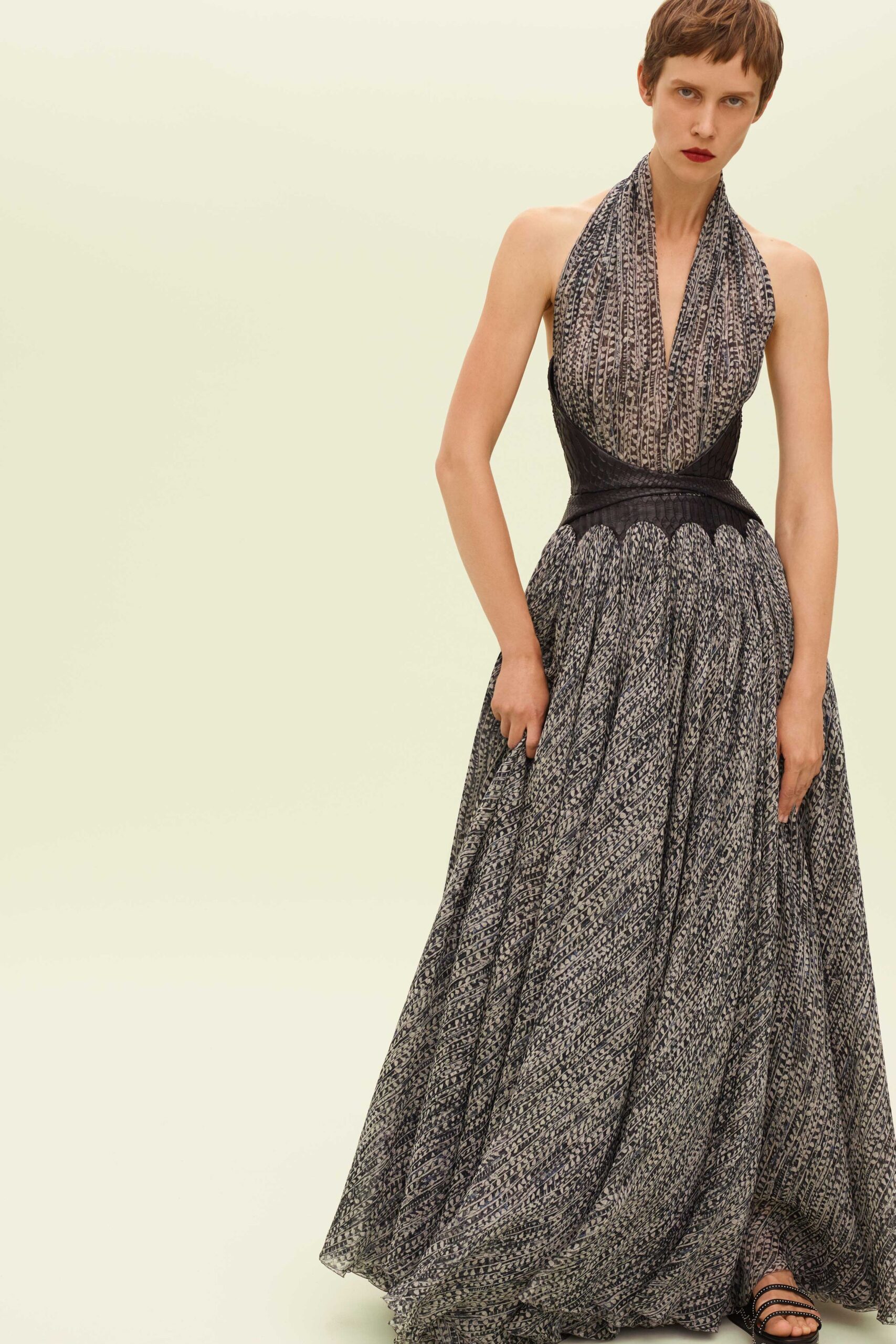 black and white pleated gown