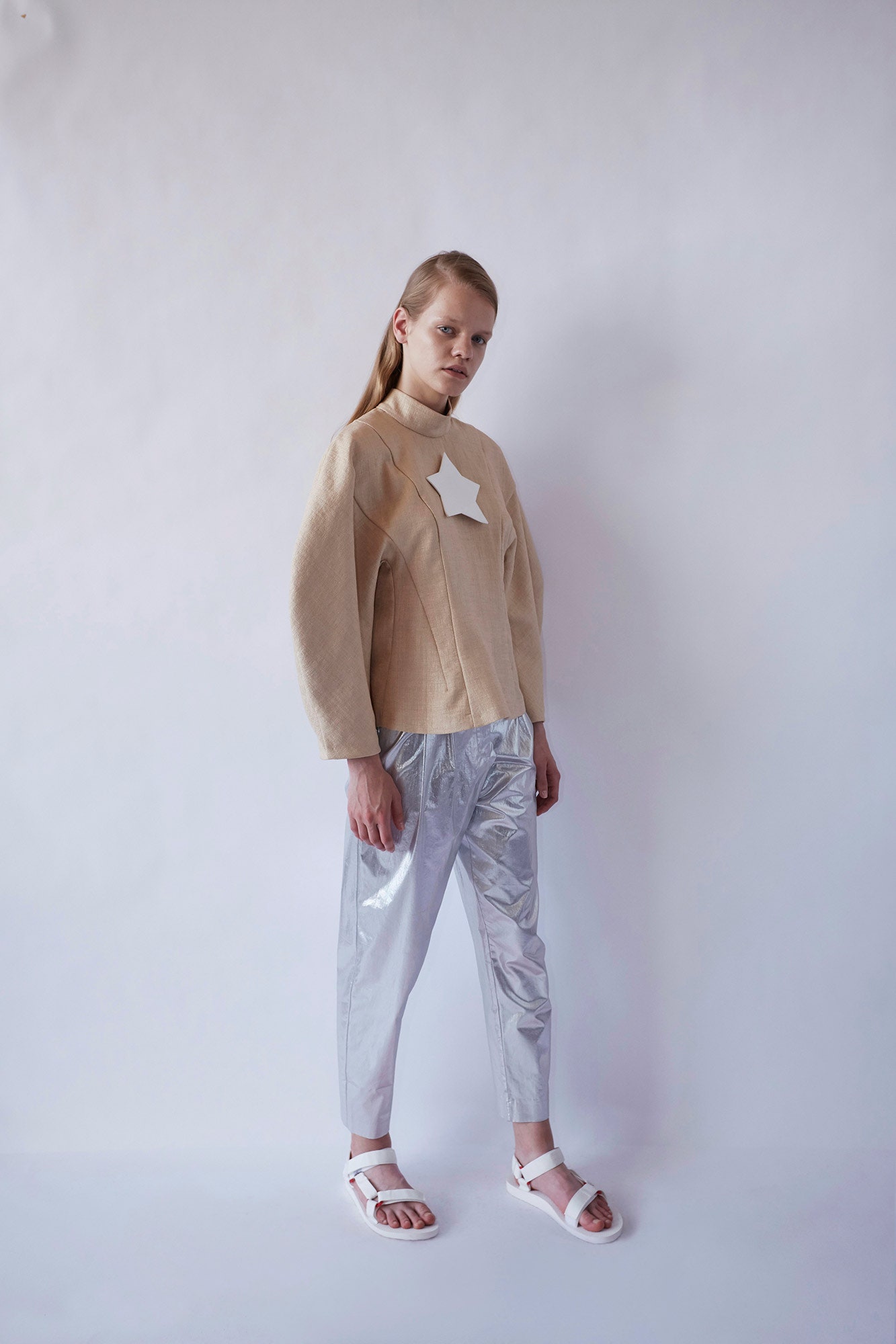 beige cotton long-sleeve collared relaxed embellished top