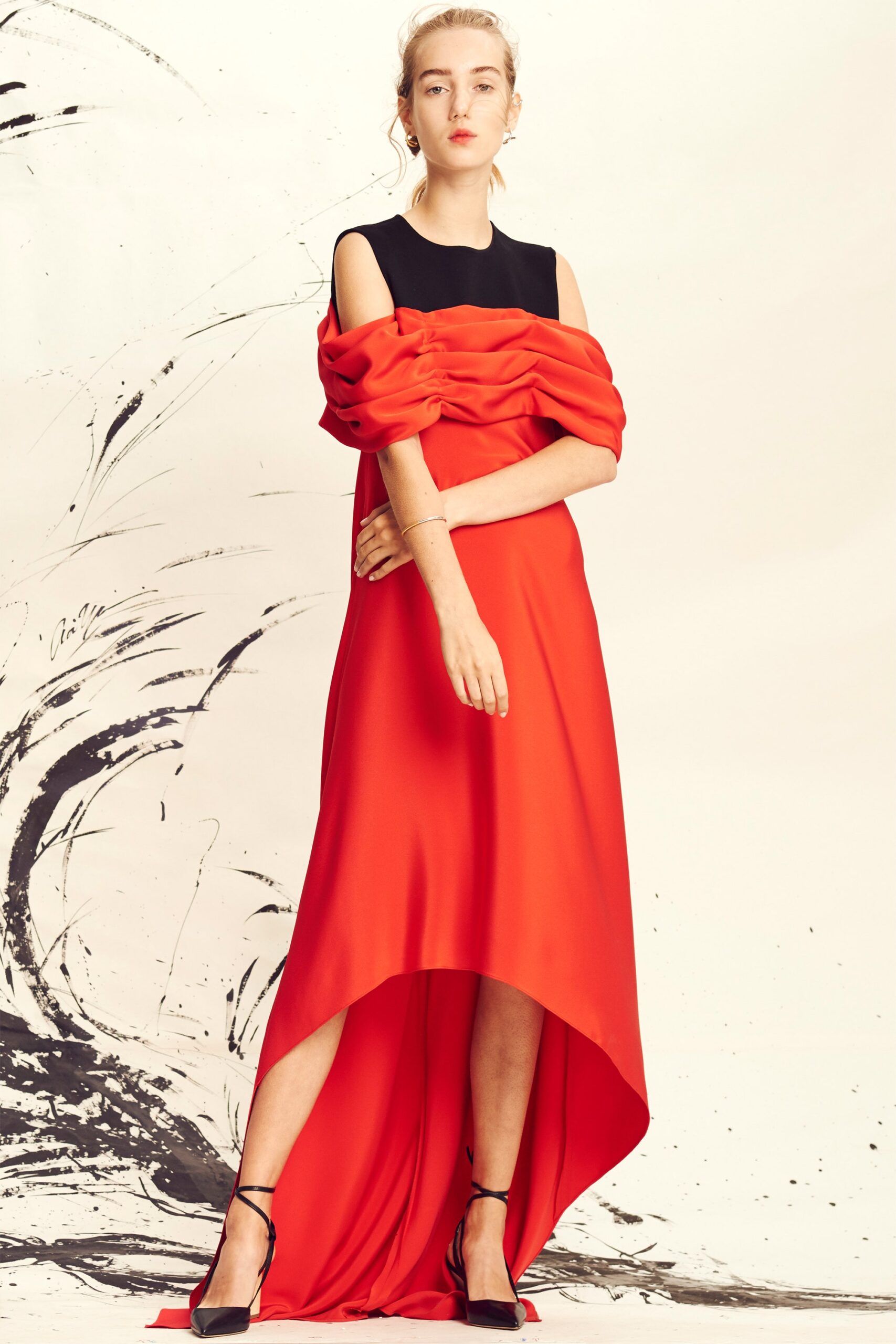 red silk ruched midi dress