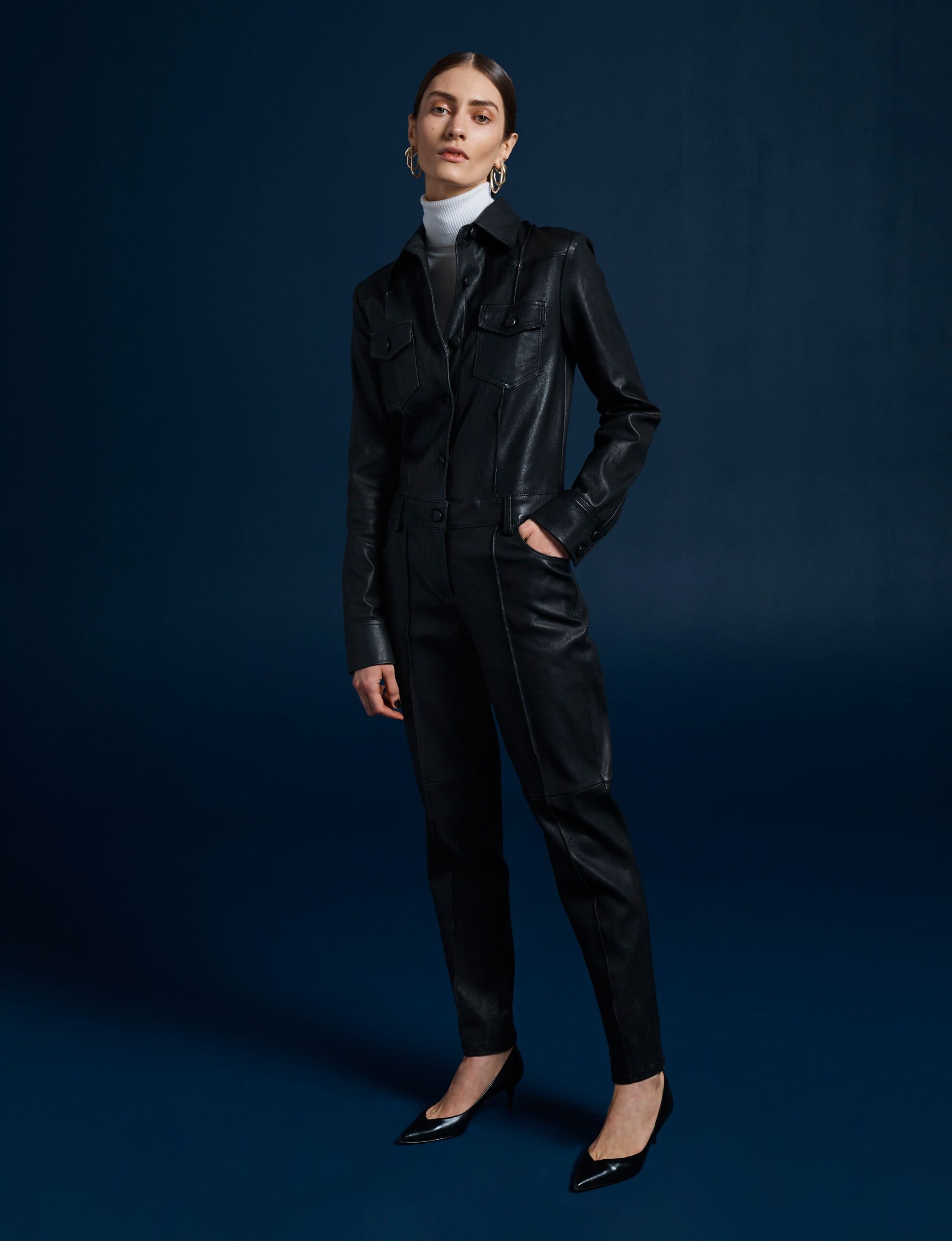 fitted black leather jumpsuit