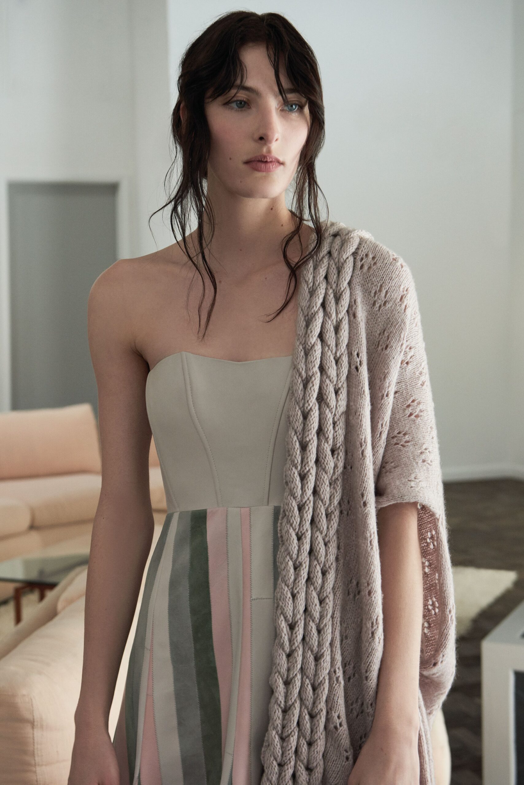 beige pleated midi dress with shawl