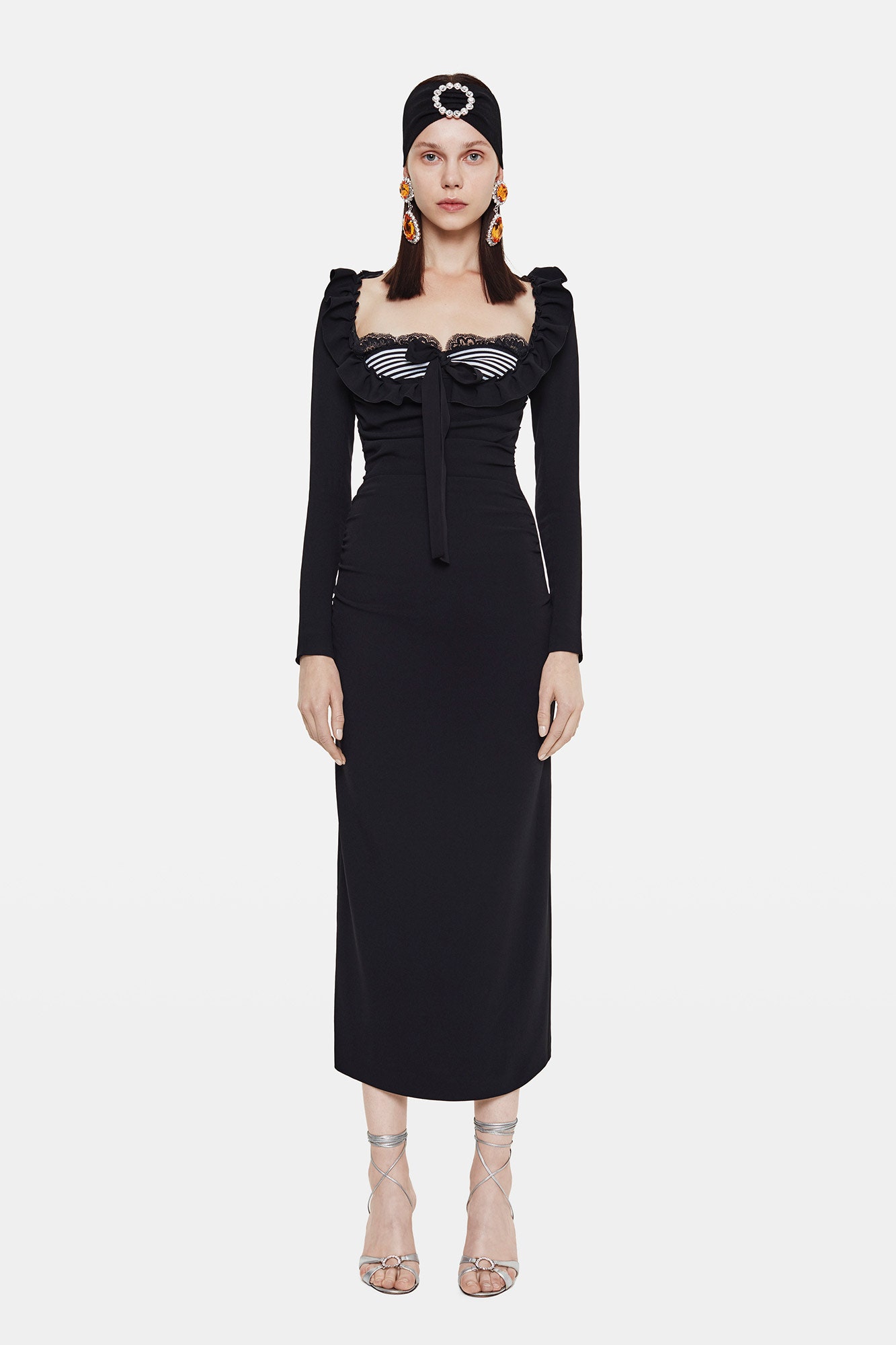 fitted black midi dress