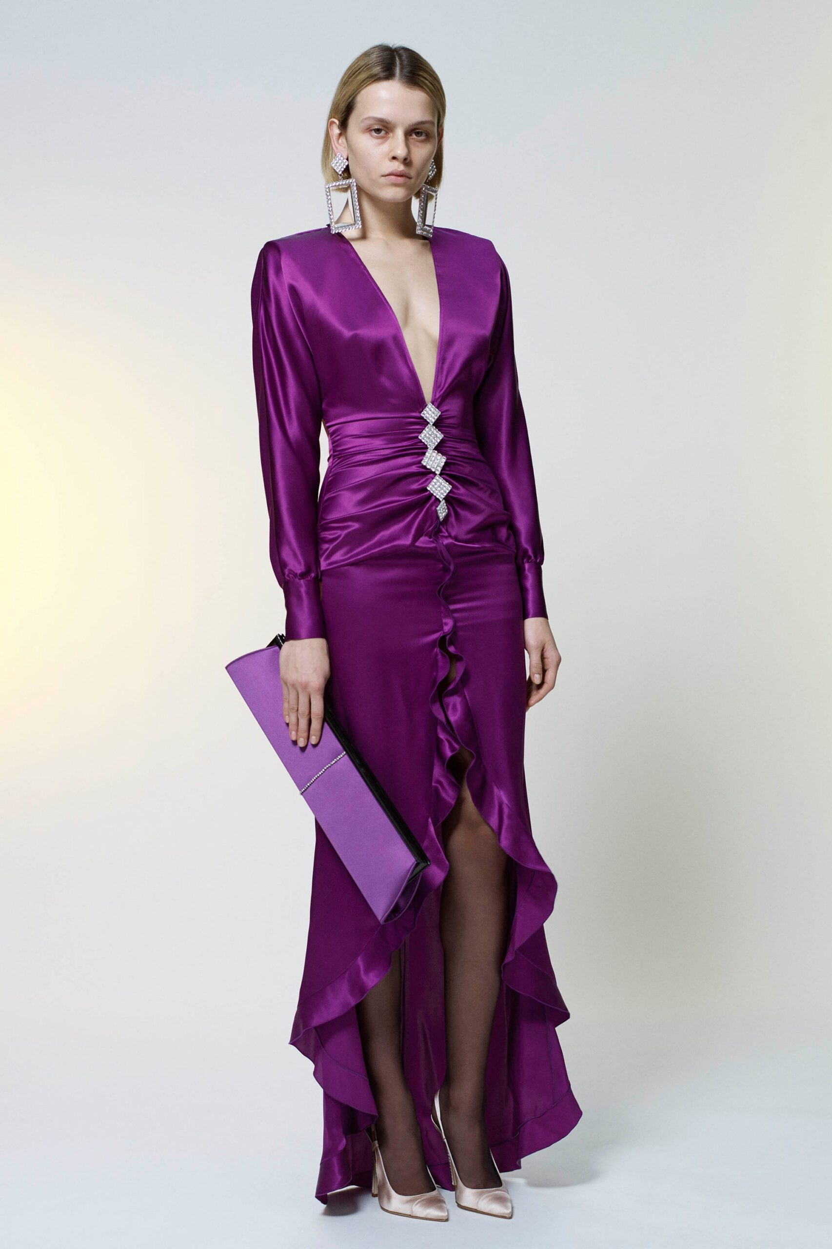 fitted purple silk gown