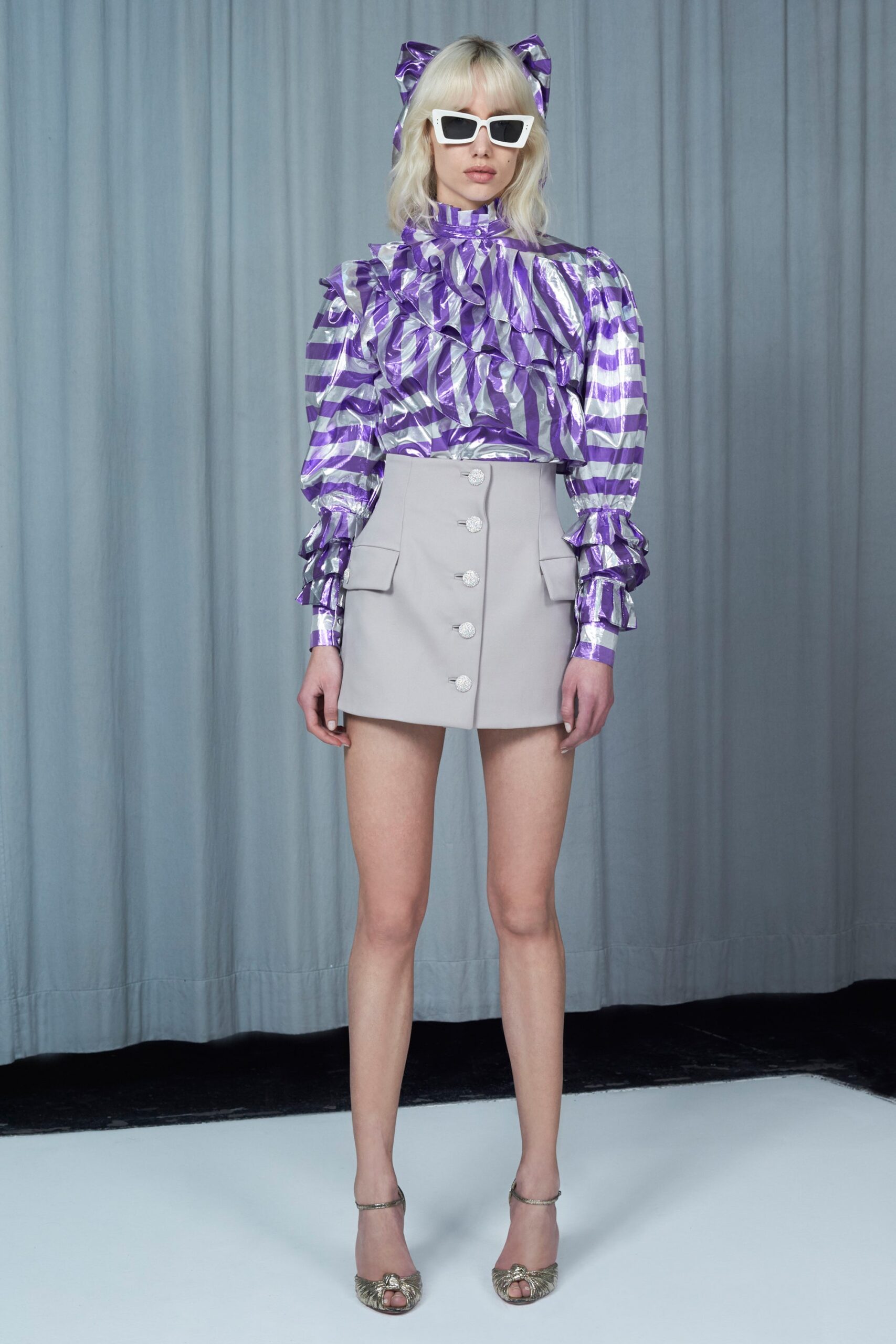 purple silk long-sleeve high-neck fitted striped ruffled blouse