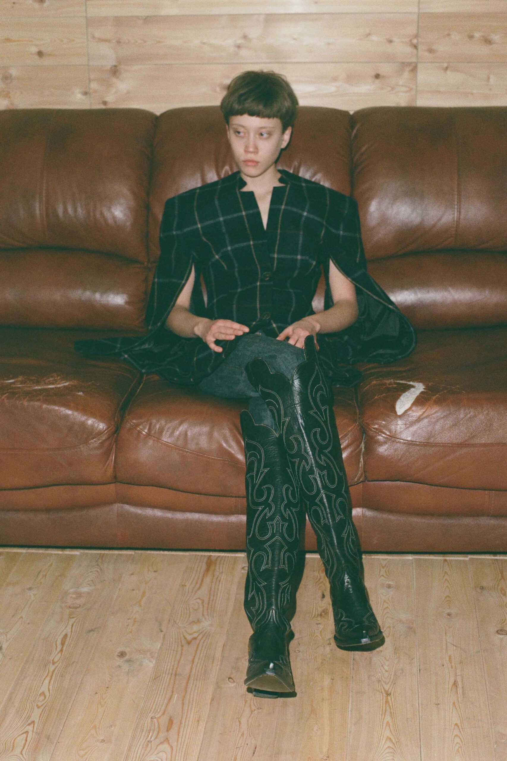 black and blue fitted blazer with flared pants