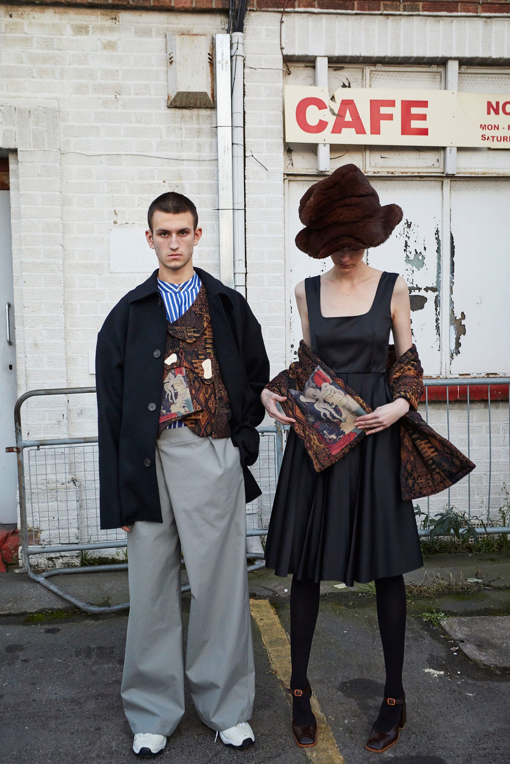 black midi dress with oversized coat