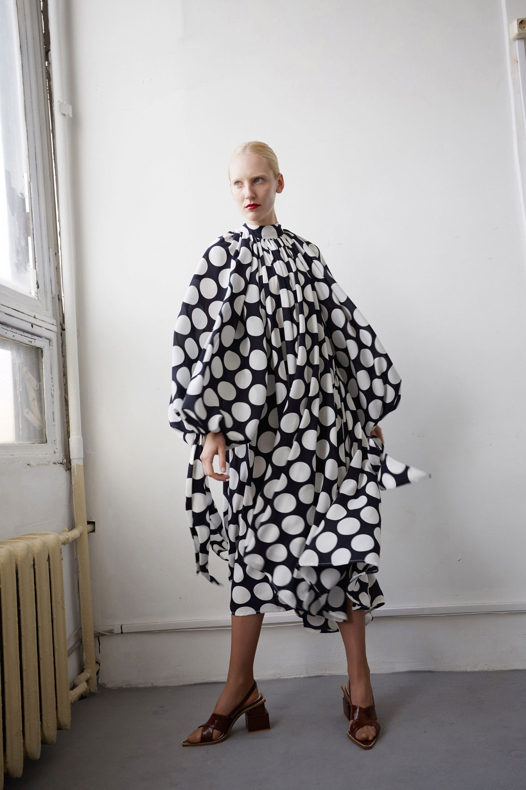 relaxed black and white polka-dot dress