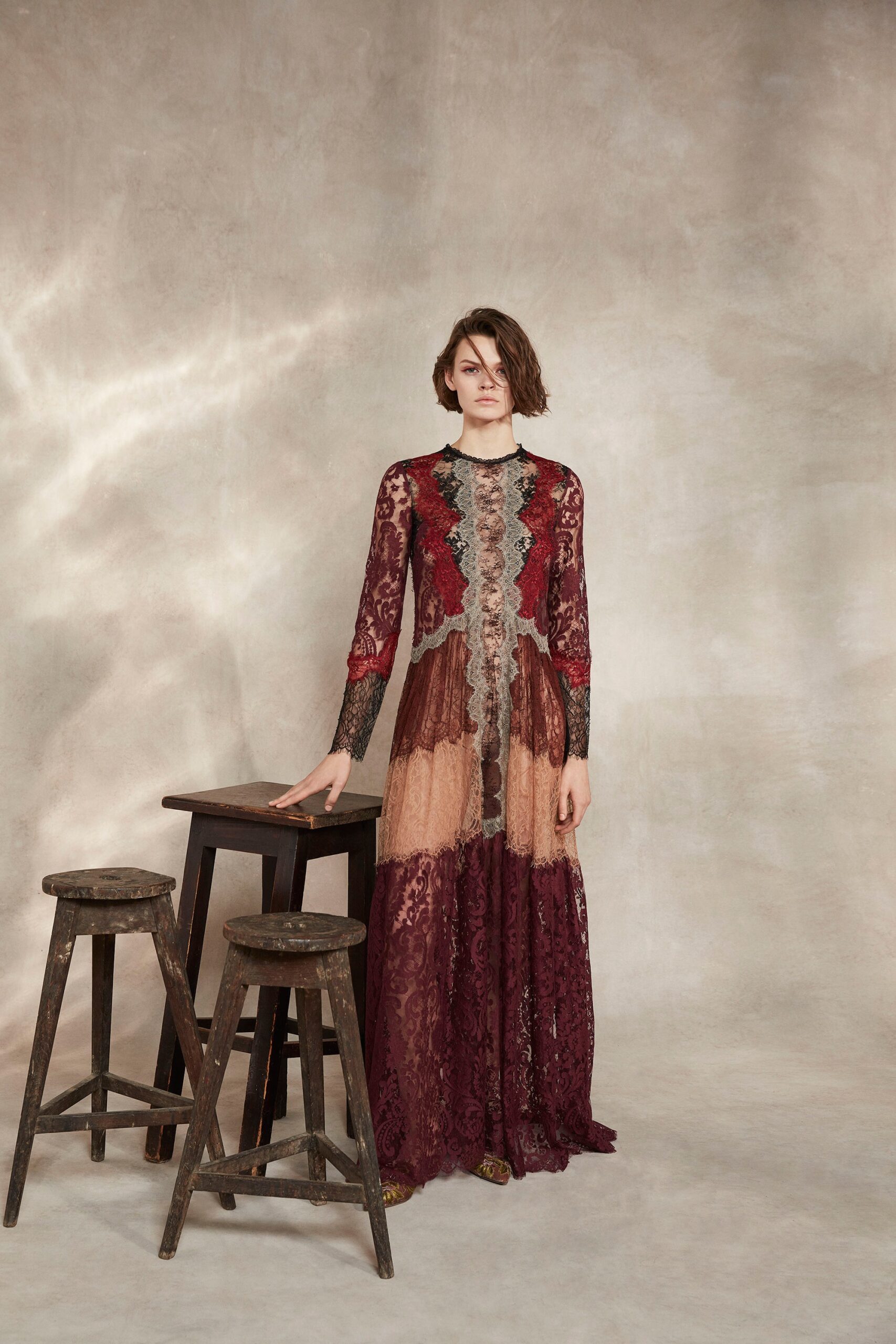 red and beige lace gown