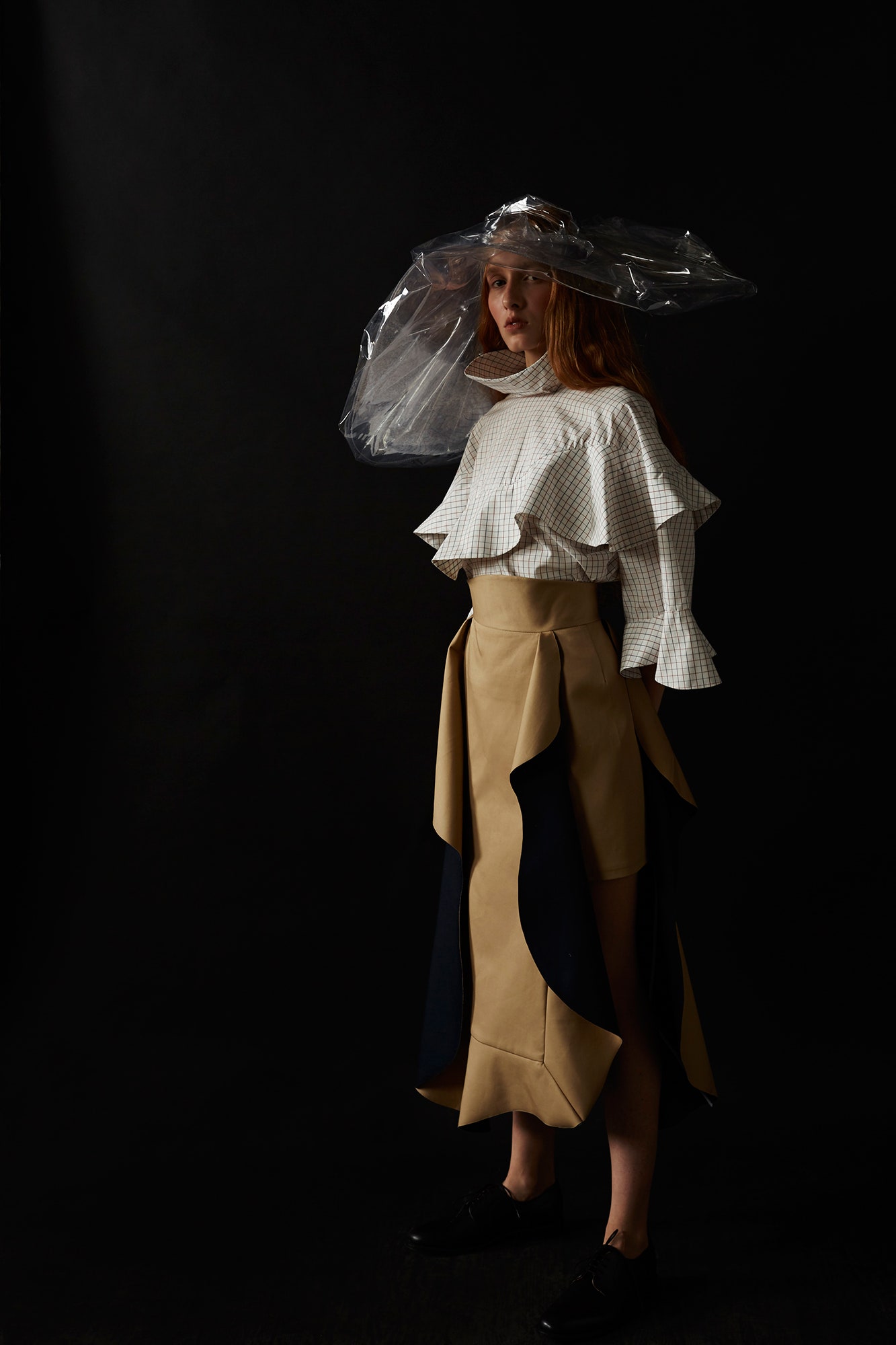 white ruffled blouse beige asymmetric skirt