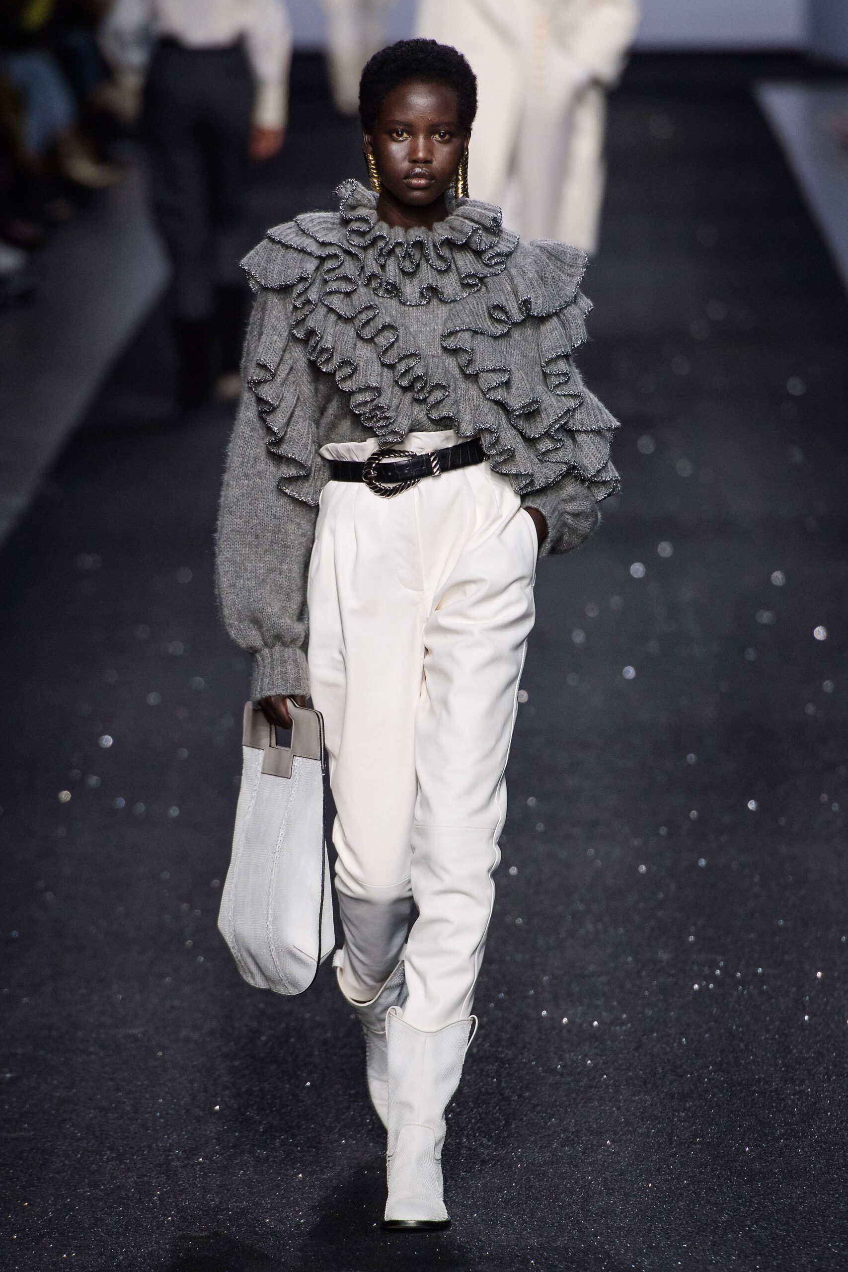 gray wool long-sleeve high-neck fitted ruffled sweater