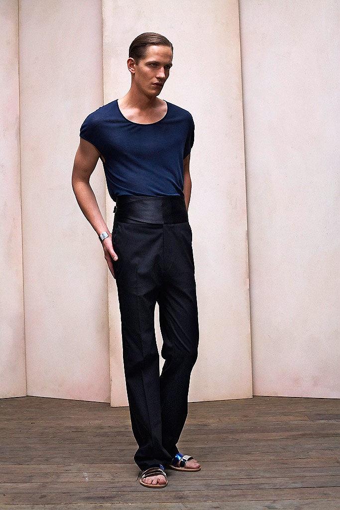 blue relaxed top with tailored pants
