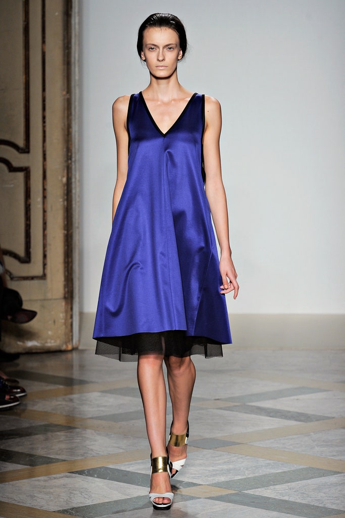 blue silk sleeveless dress