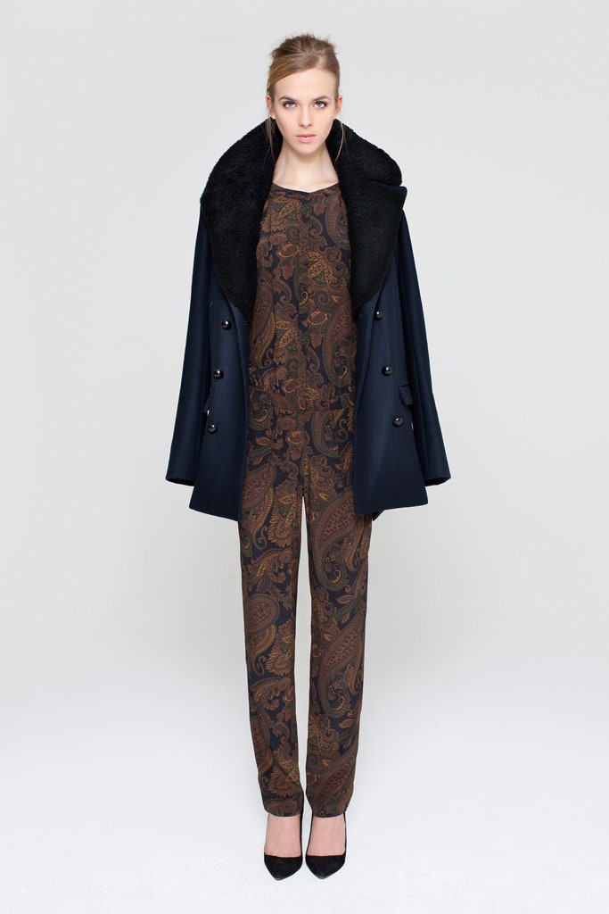 navy coat with brown jumpsuit