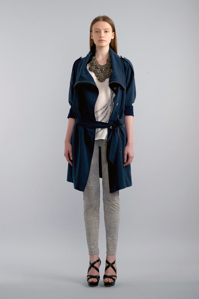 blue velvet long-sleeve collared relaxed belted trench