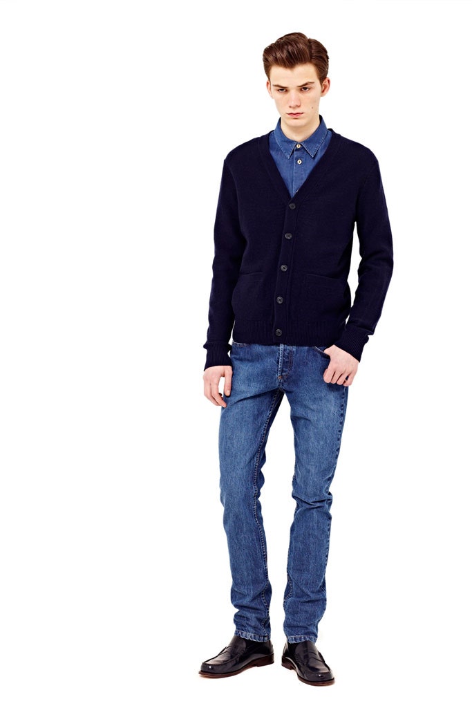 blue wool long-sleeve collared fitted buttoned cardigan