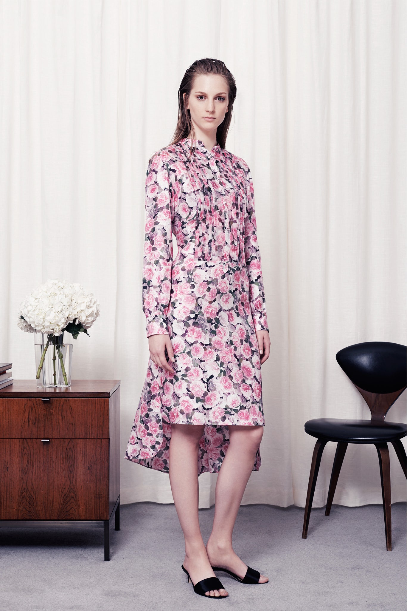 pink silk long-sleeve collared relaxed floral tiered dress