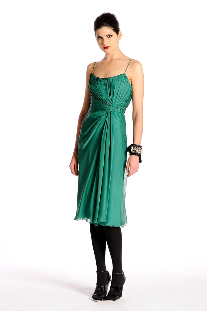 fitted green silk dress