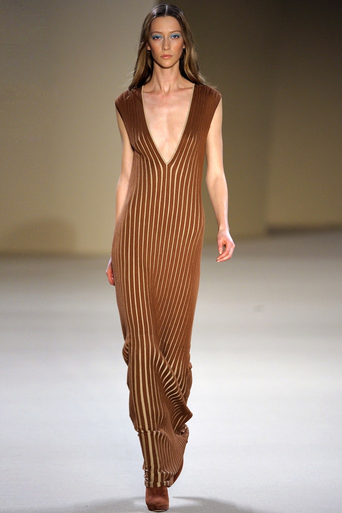 fitted brown striped maxi dress