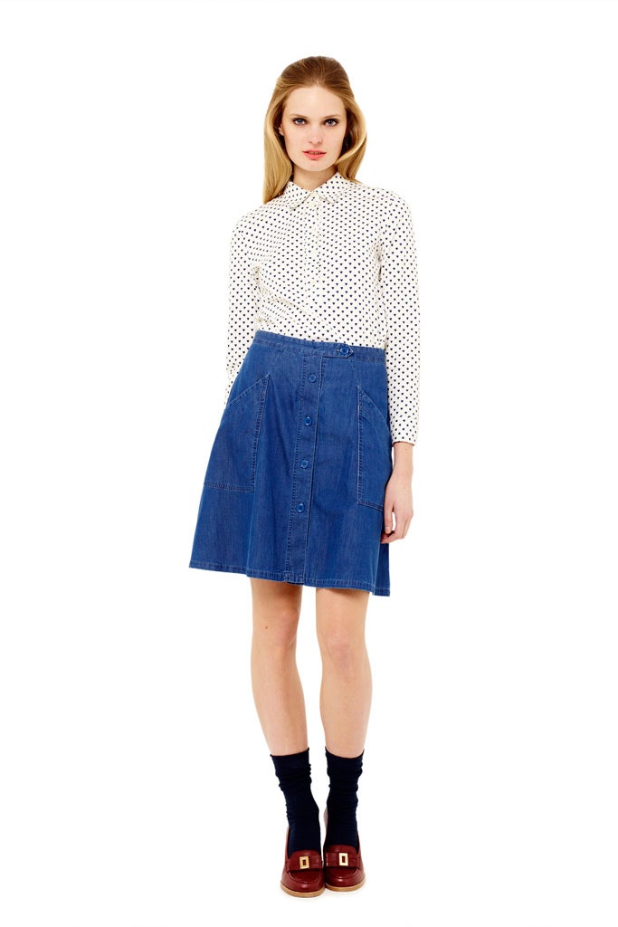 blue denim fitted buttoned a-line short skirt