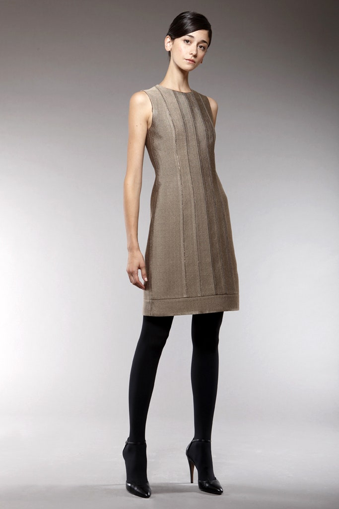 beige silk sleeveless high-neck fitted pleated mini dress