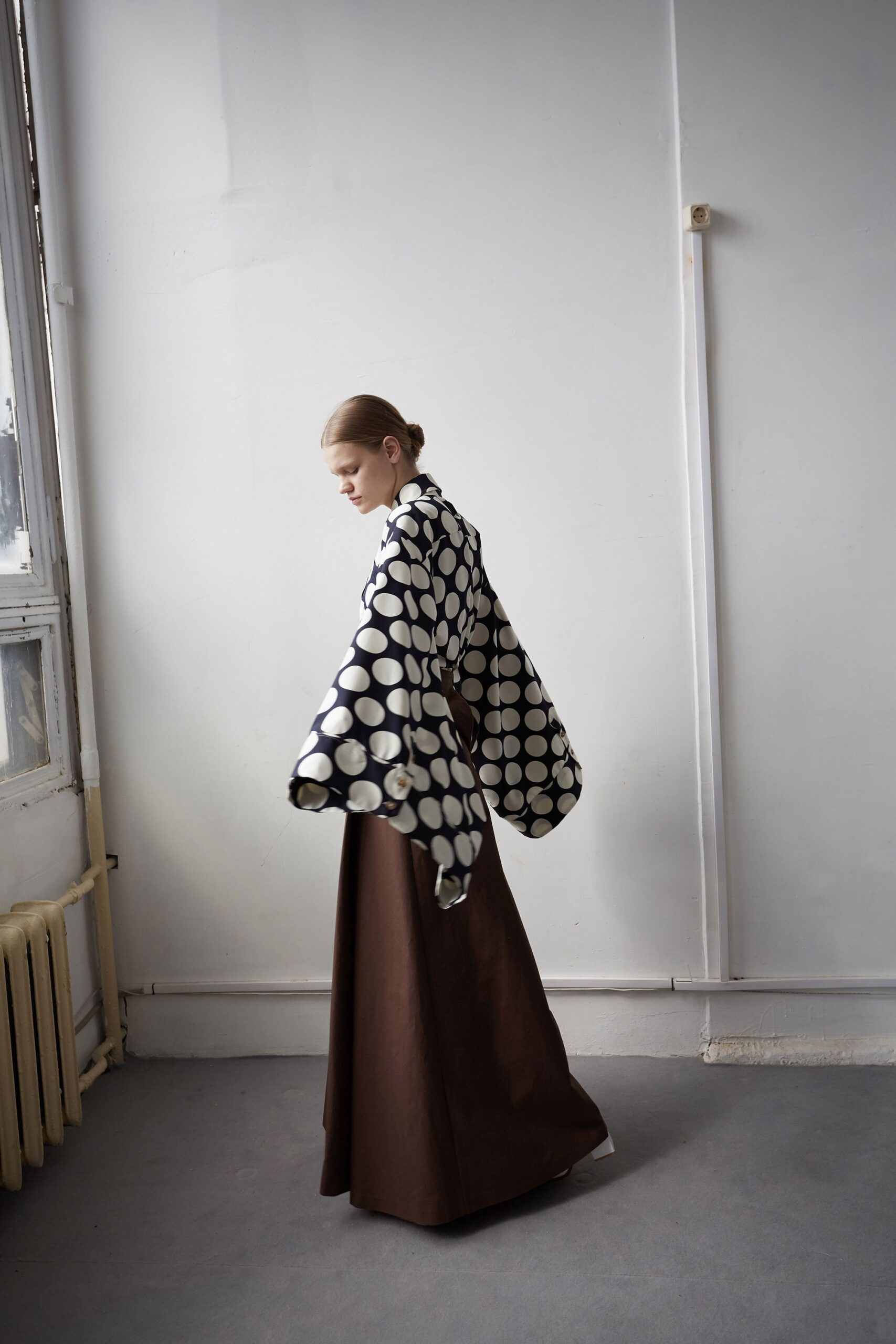 brown cotton long-sleeve collared relaxed a-line maxi dress